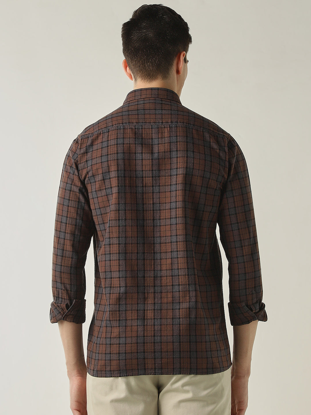 Men's Pure Cotton Checks Slim Fit Full Sleeve Casual Shirt - Brown