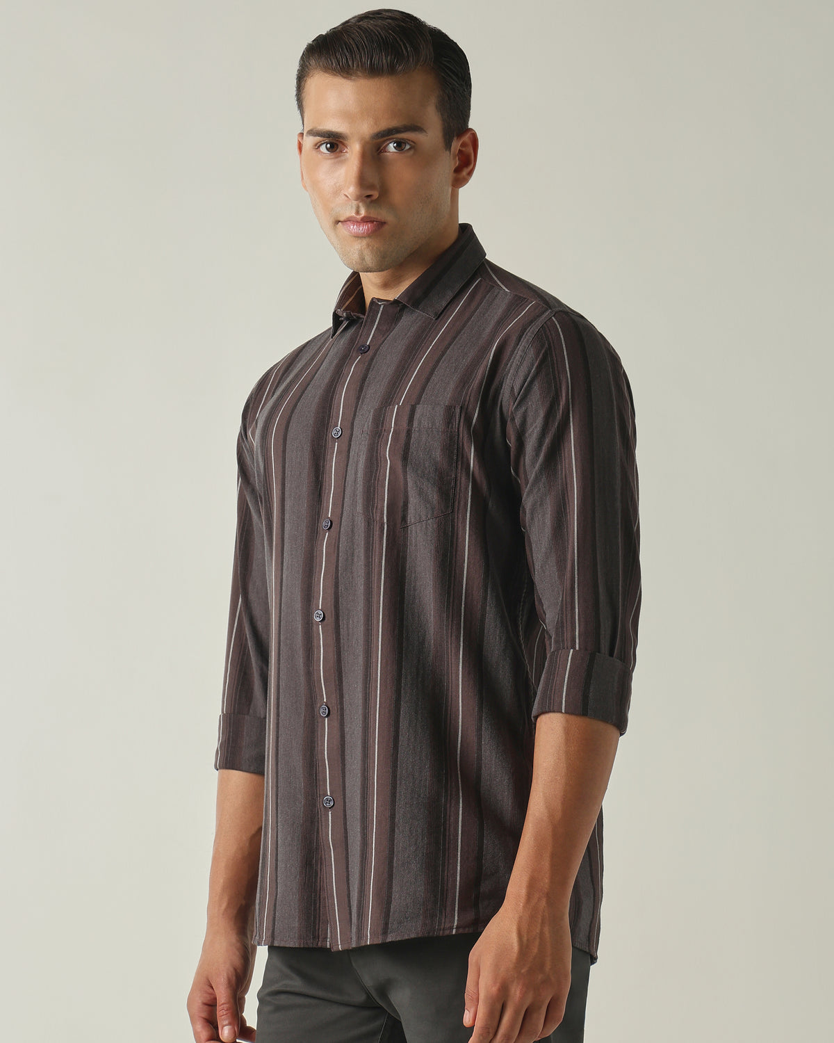 Men's Pure Cotton Stripes Slim Fit Full Sleeve Casual Shirt - Brown
