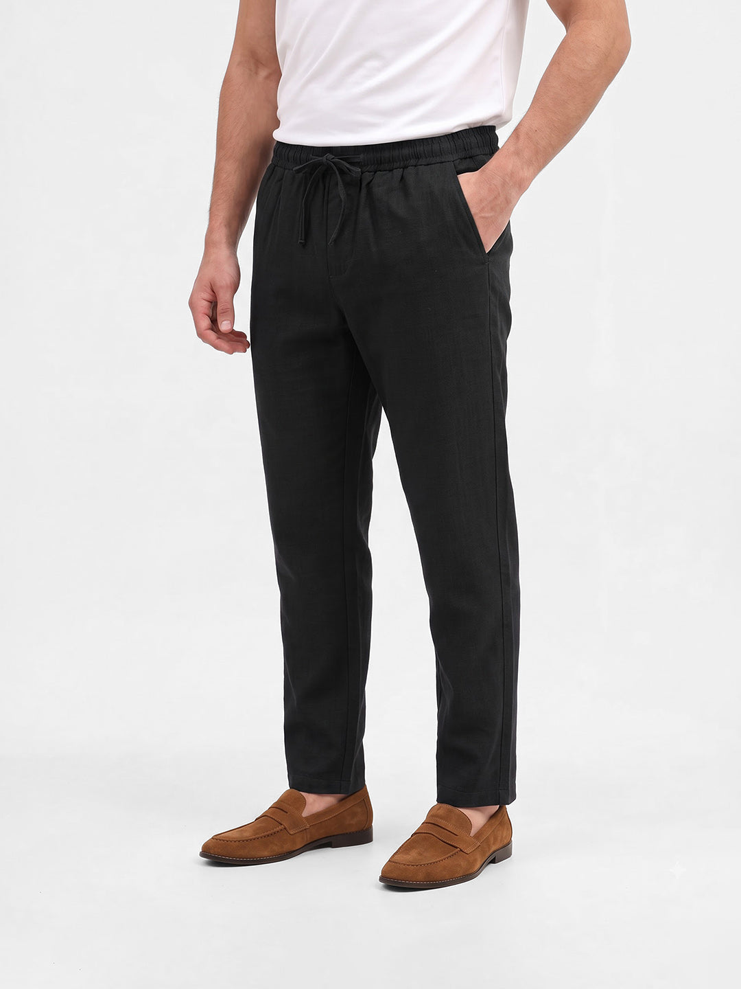 Men's Solid Pure Cotton Regular Fit Casual Trousers - Black
