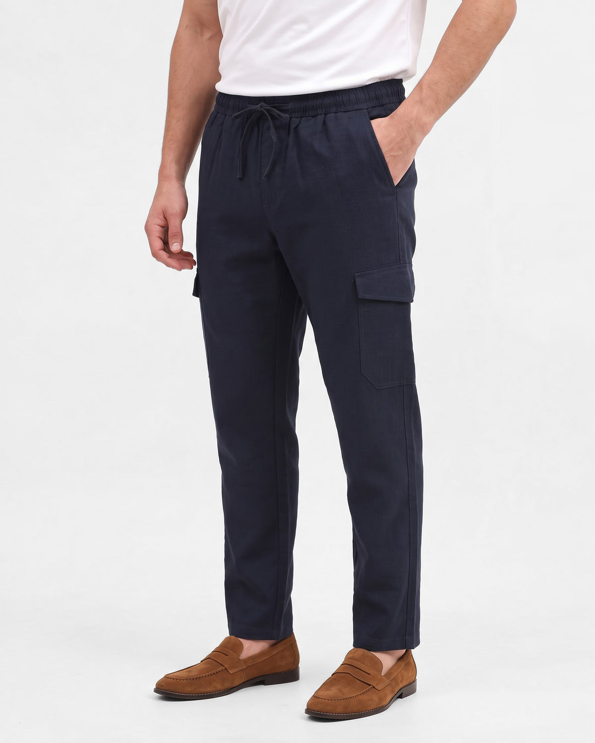 Men's Solid 100% Cotton Regular Fit Casual Trousers-Navy