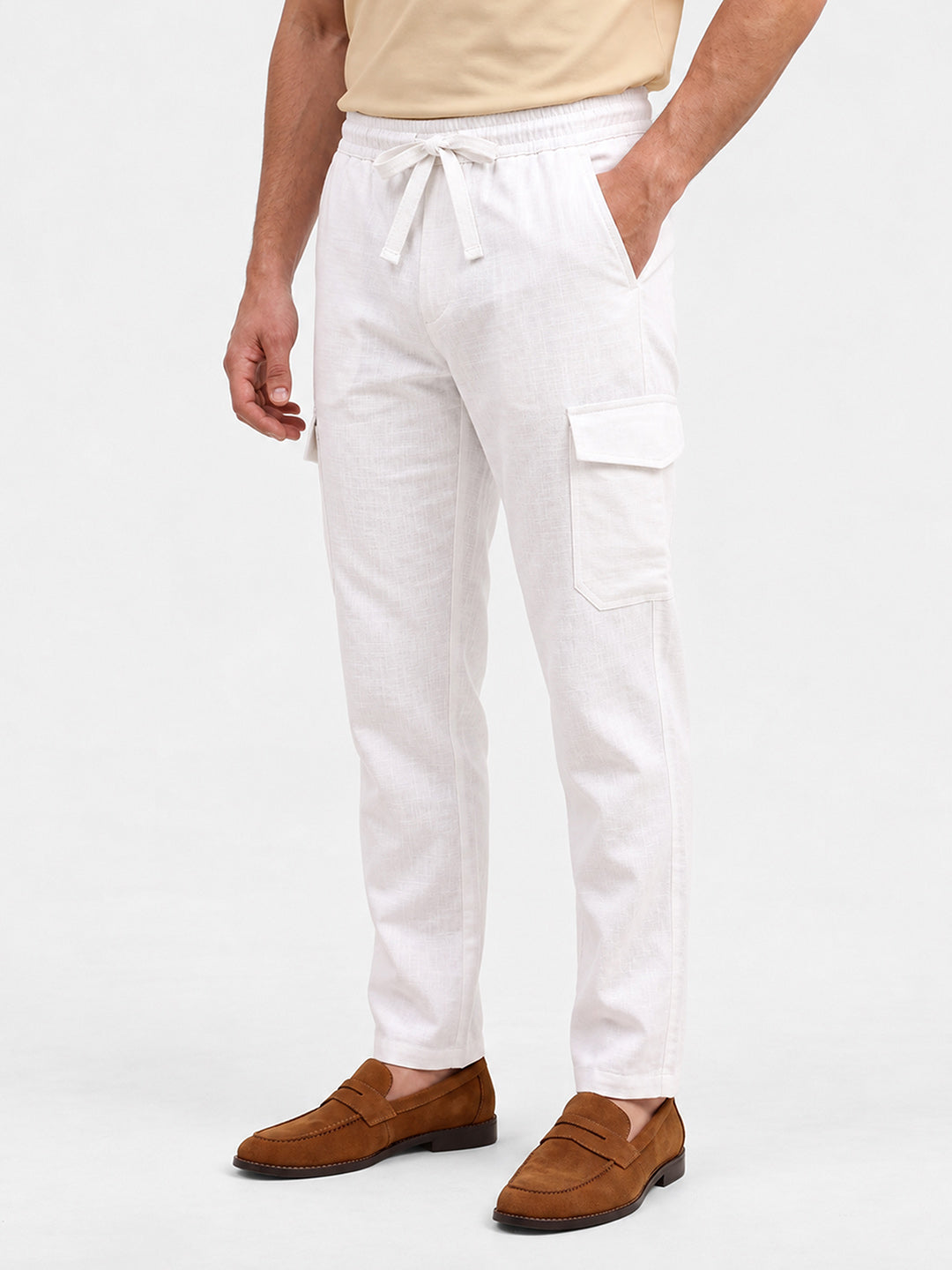 Men's Solid Pure Cotton Regular Fit Casual Trousers - White
