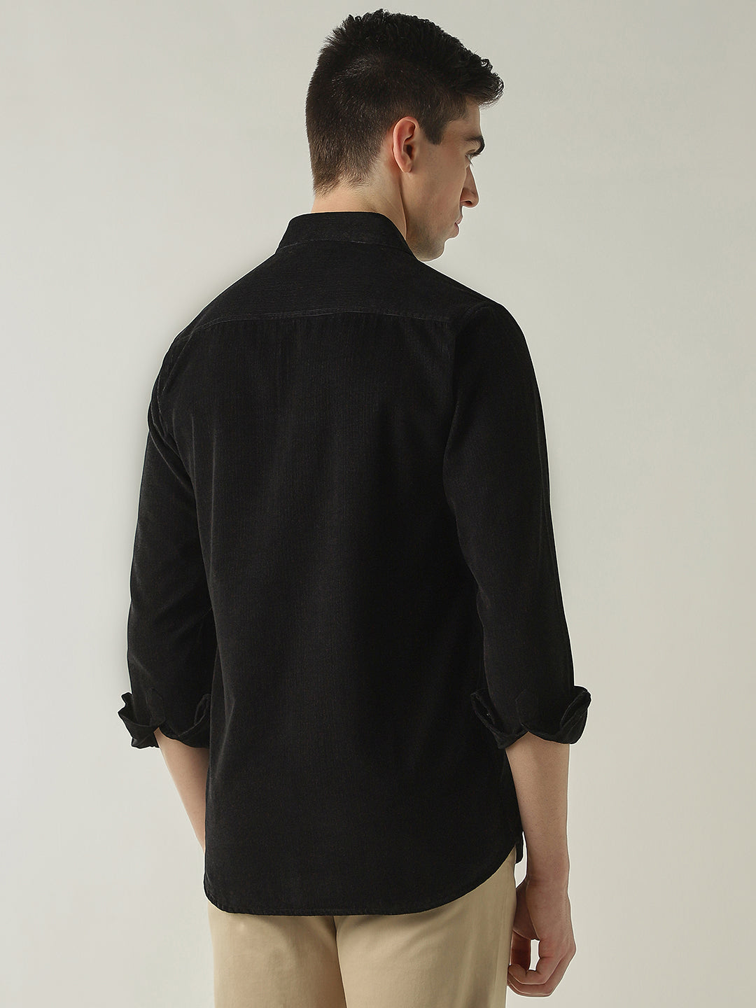 Men's Pure Cotton Corduroy Solid Slim Fit Full Sleeve Formal Shirt - Black