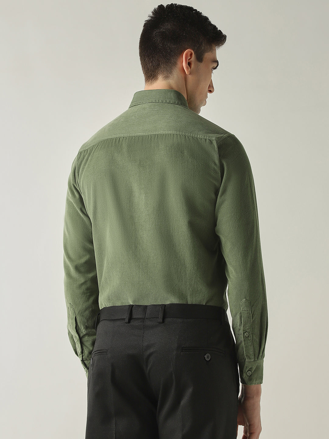 Men's Pure Cotton Corduroy Solid Slim Fit Full Sleeve Formal Shirt - Sage Green