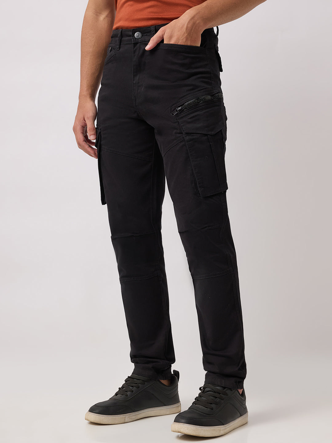 Men's Solid Cotton Stretch Regular Fit Casual Trousers - Black