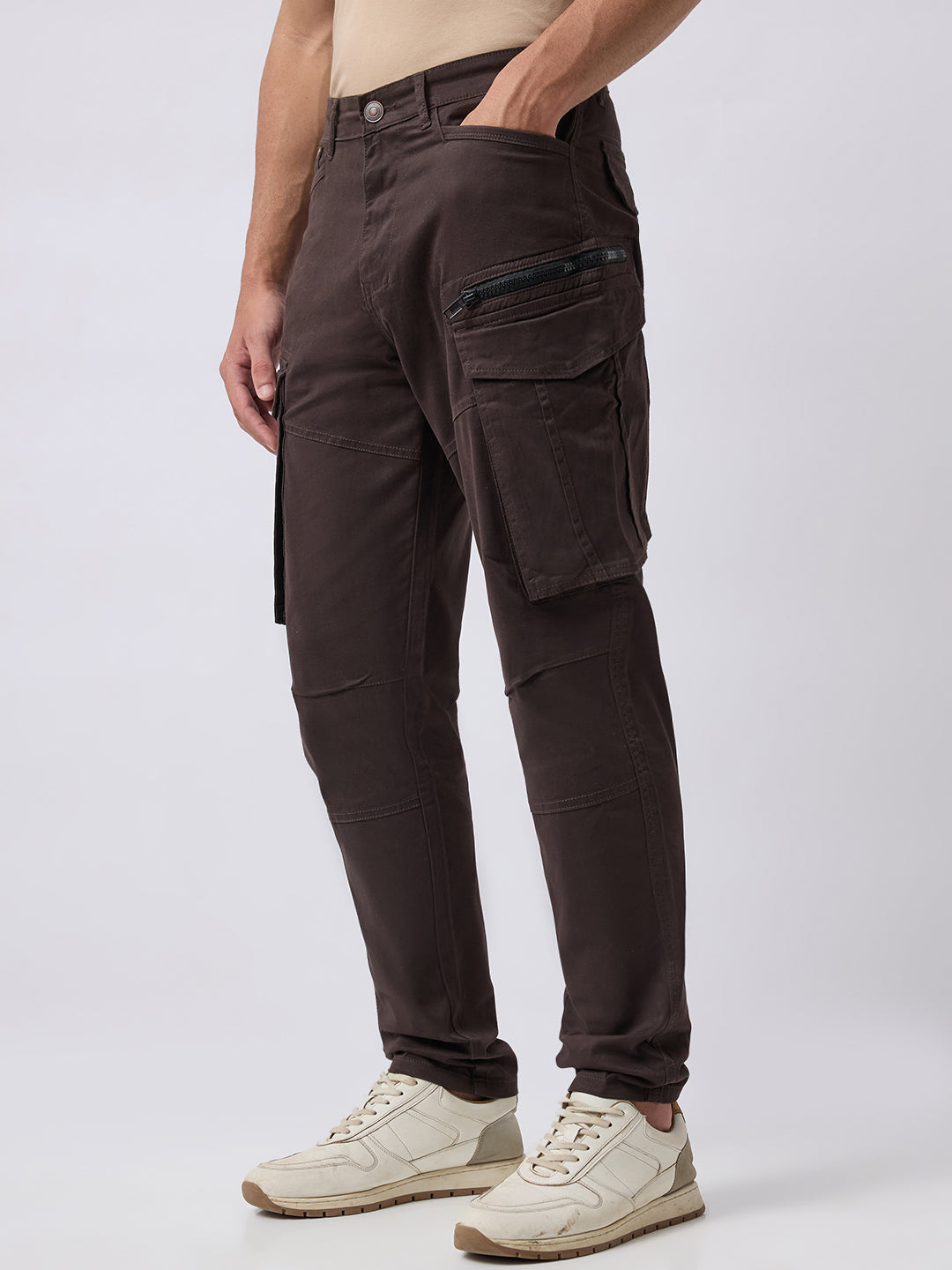 Men's Solid Cotton Stretch Regular Fit Casual Trousers - Brown