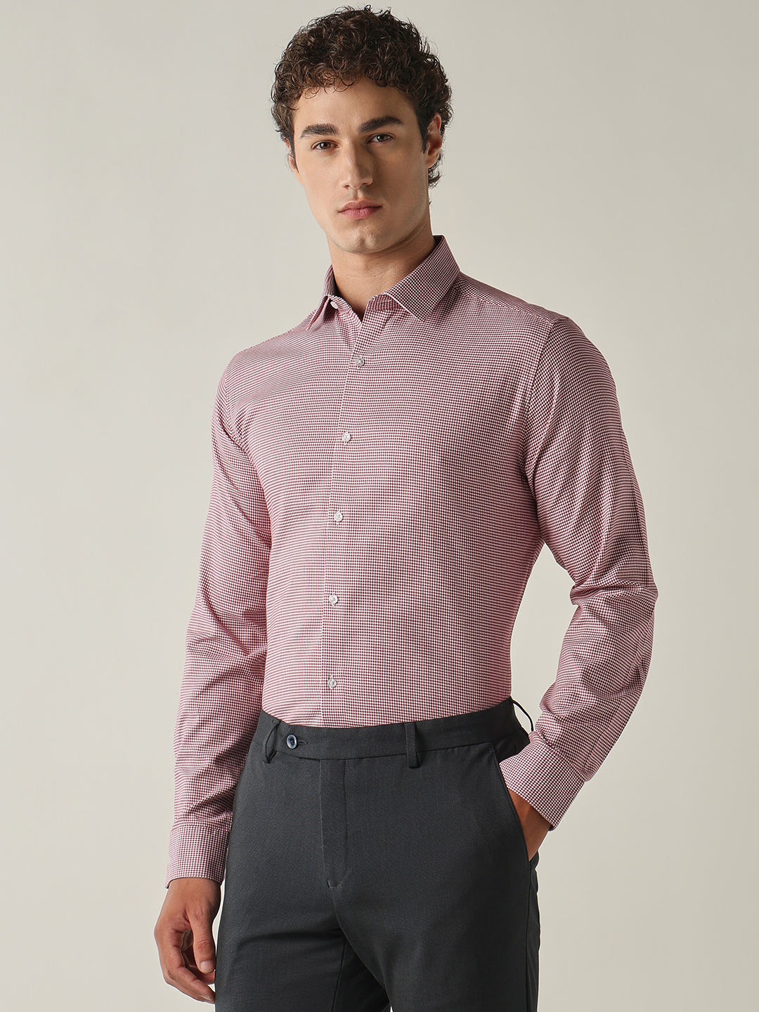 Men's Pure Cotton Dobby Solid Slim Fit Full Sleeve Formal Shirt - Red