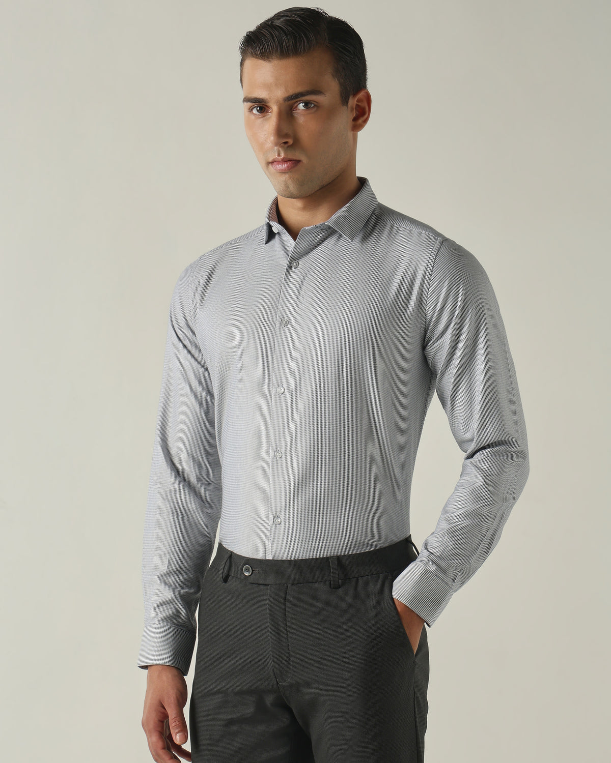 Men's Pure Cotton Dobby Stripes Slim Fit Full Sleeve Formal Shirt - Grey