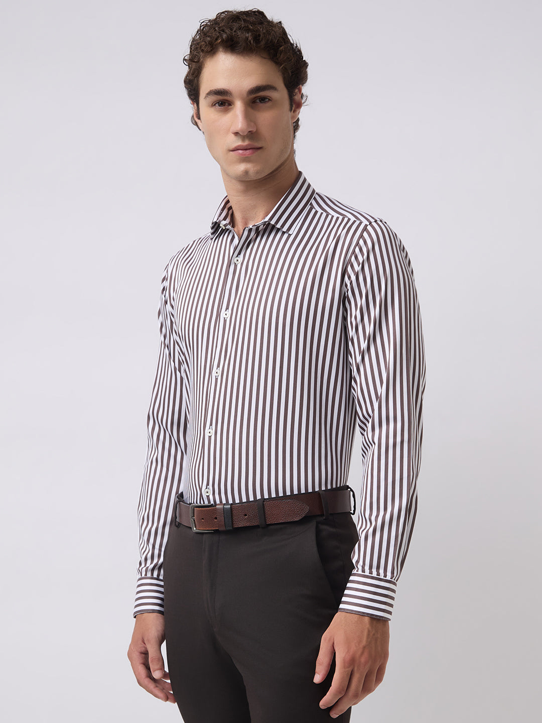 Men's Pure Cotton Satin Stripes Slim Fit Full Sleeve Formal Shirt - Brown