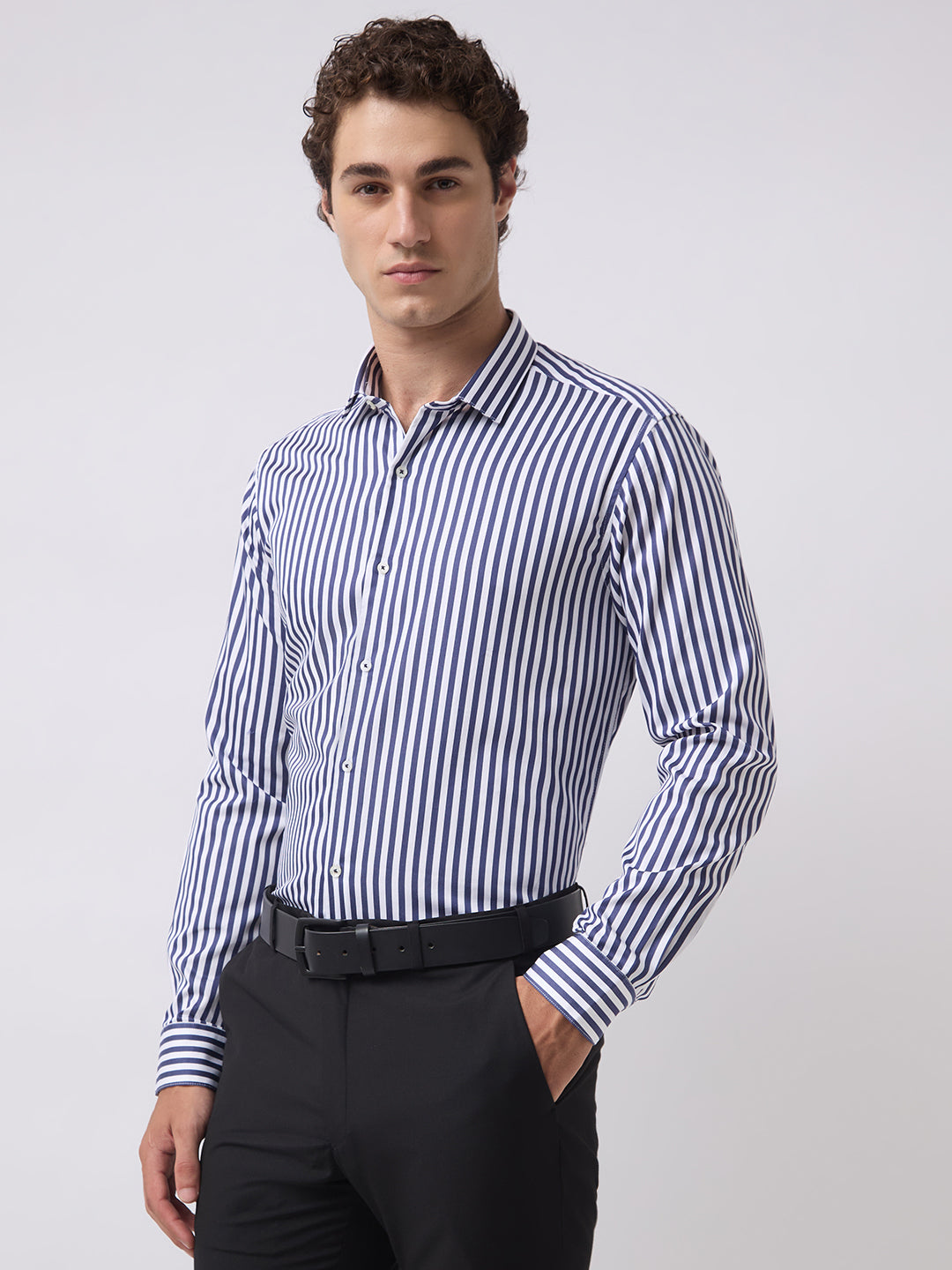 Men's Pure Cotton Stripes Slim Fit Full Sleeve Formal Shirt - Navy