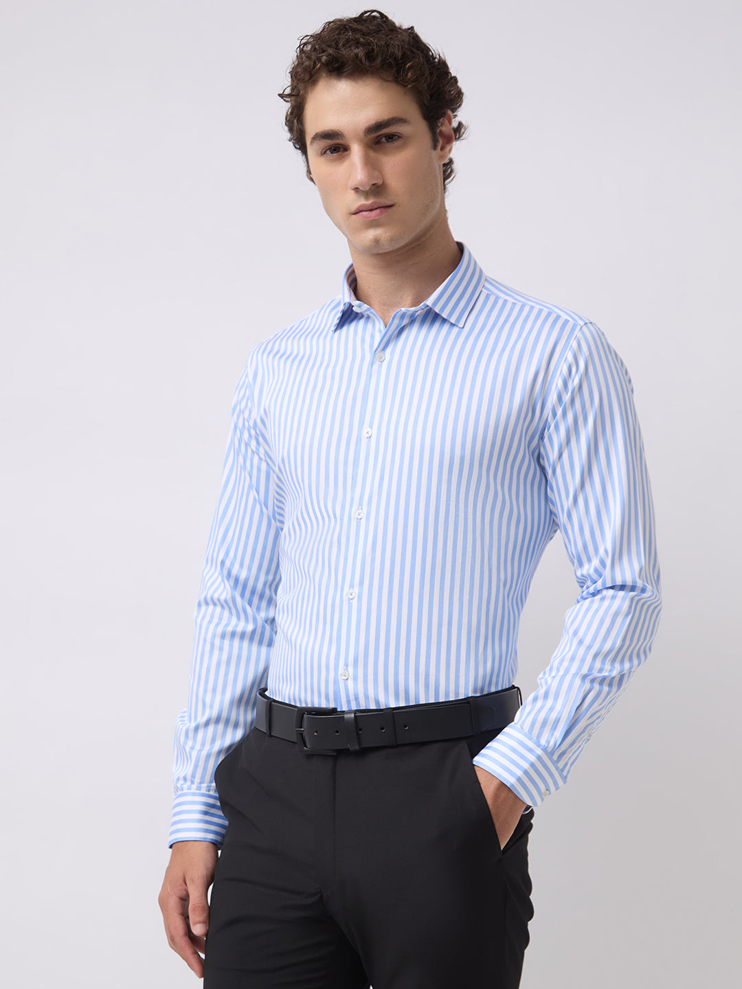 Men's Pure Cotton Stripes Slim Fit Full Sleeve Formal Shirt - Sky Blue