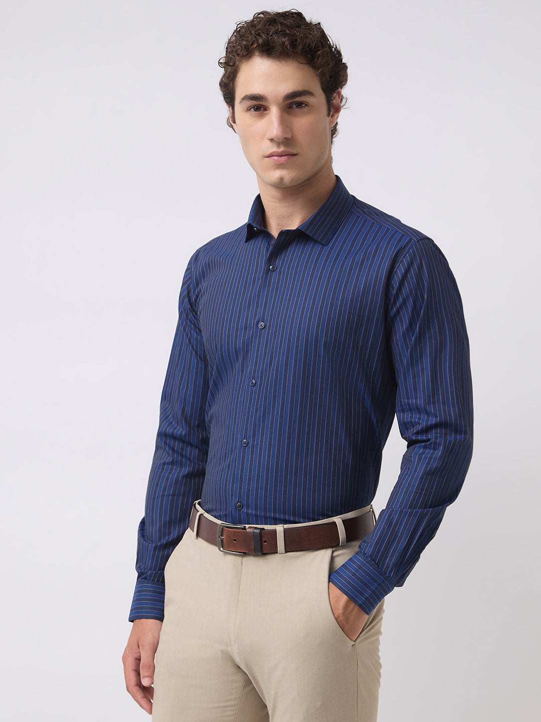 Men's Pure Cotton Stripes Slim Fit Full Sleeve Formal Shirt - Navy