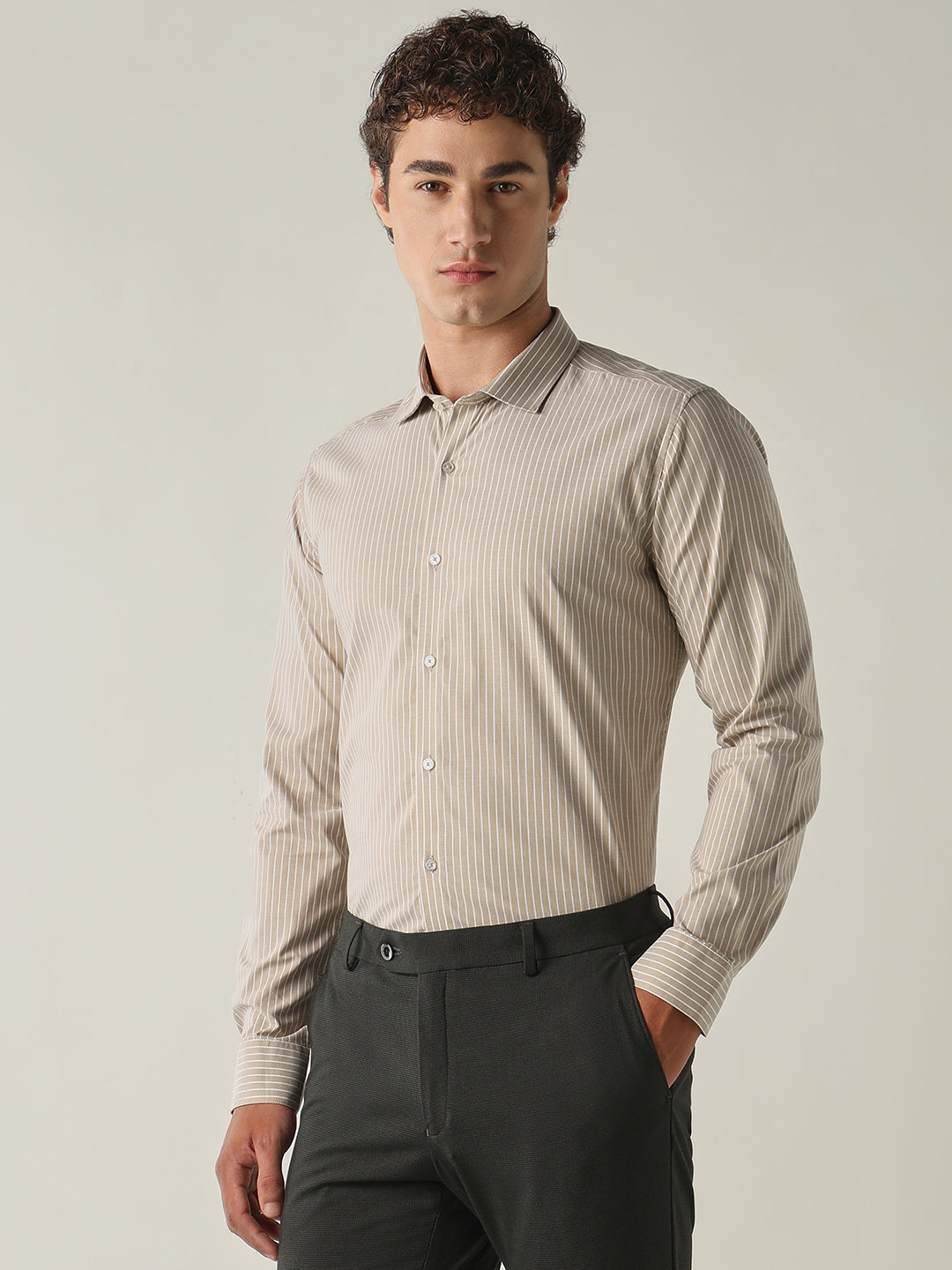 Men's Pure Cotton Stripes Slim Fit Full Sleeve Formal Shirt - Beige
