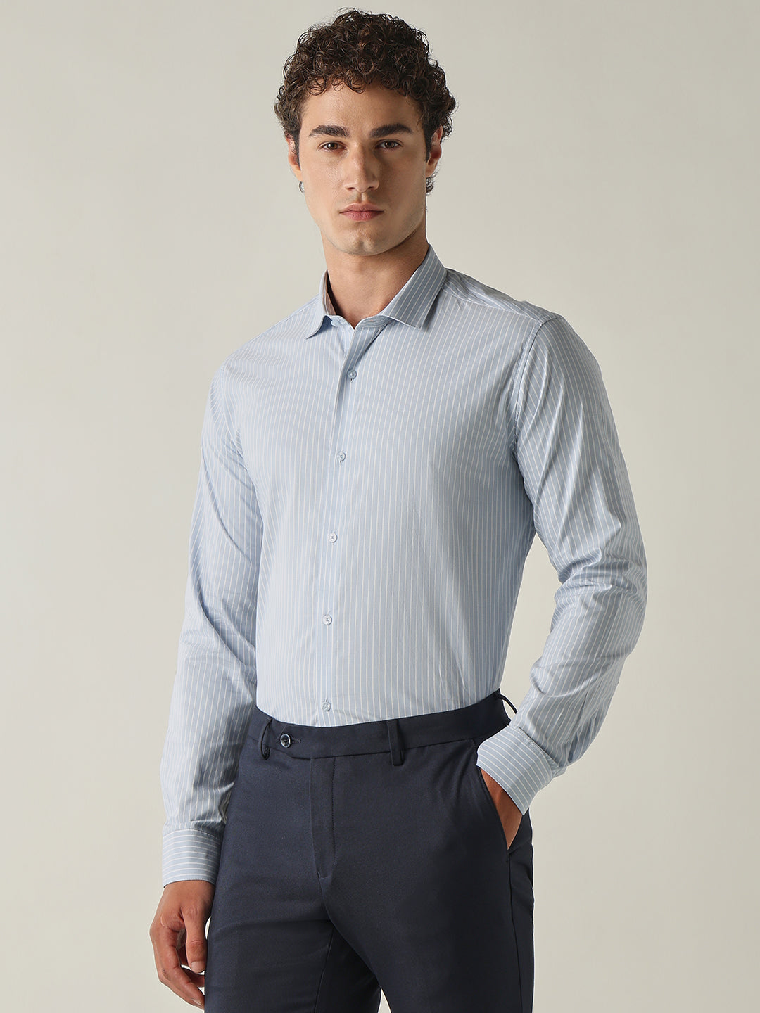Men's Pure Cotton Stripes Slim Fit Full Sleeve Formal Shirt - Blue