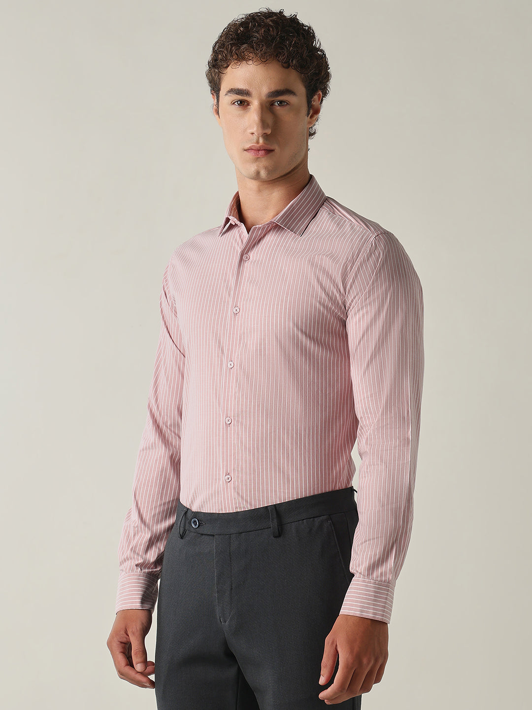 Men's Pure Cotton Stripes Slim Fit Full Sleeve Formal Shirt - Pink