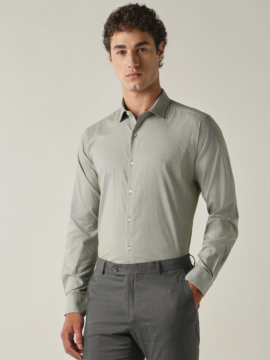 Men's Pure Cotton Houndstooth Checks Slim Fit Full Sleeve Formal Shirt - Olive