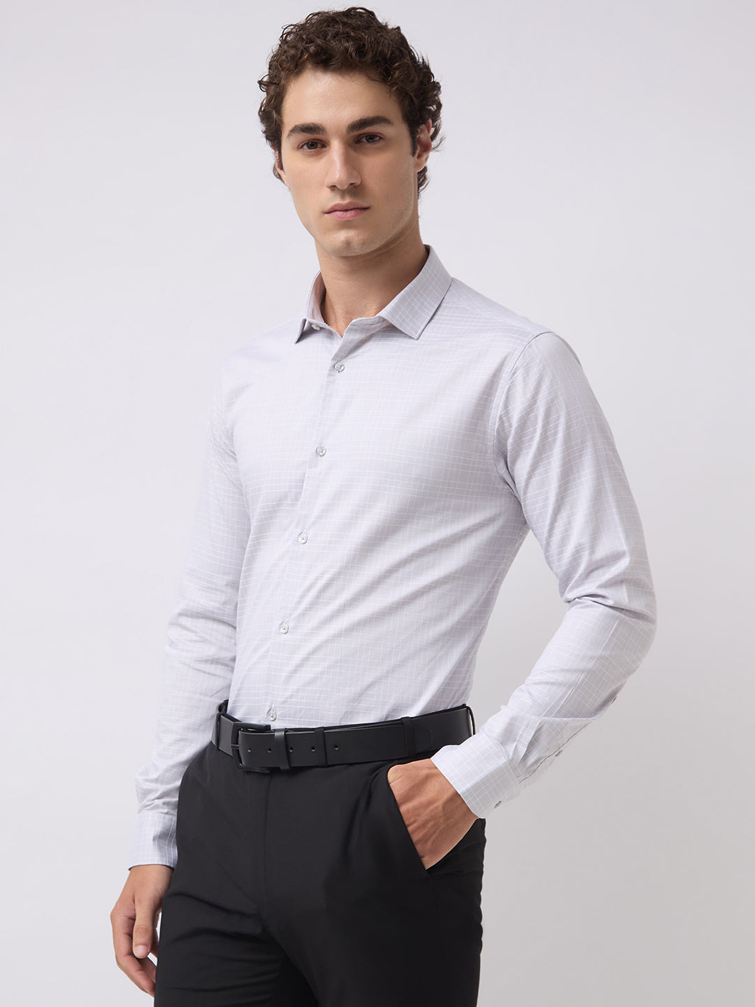 Men's Pure Cotton Checks Slim Fit Full Sleeve Formal Shirt - Light Grey