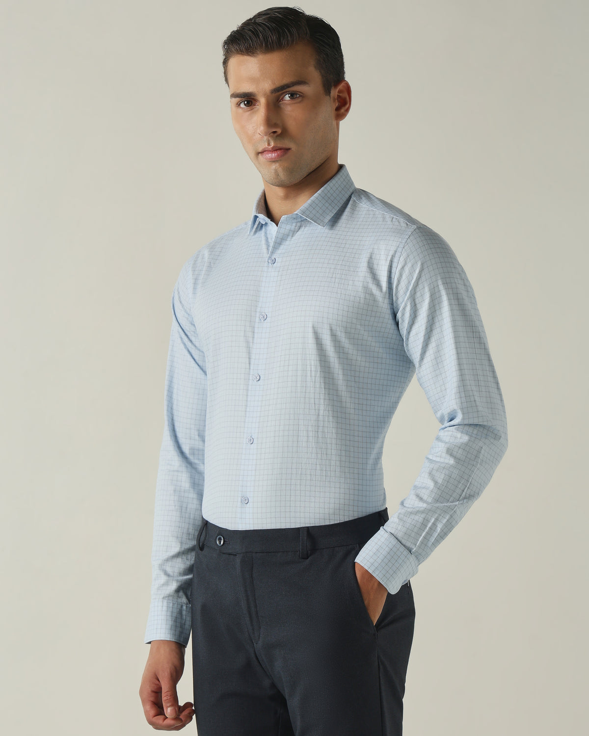Men's Pure Cotton Checks Slim Fit Full Sleeve Formal Shirt - Blue
