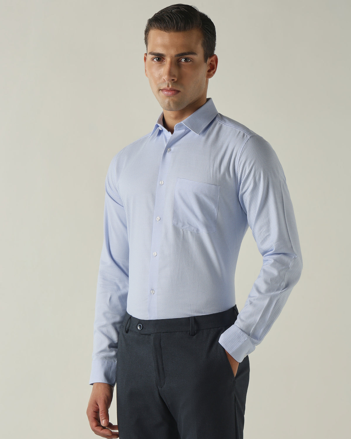 Men's Pure Cotton Dobby Solid Slim Fit Full Sleeve Formal Shirt - Blue