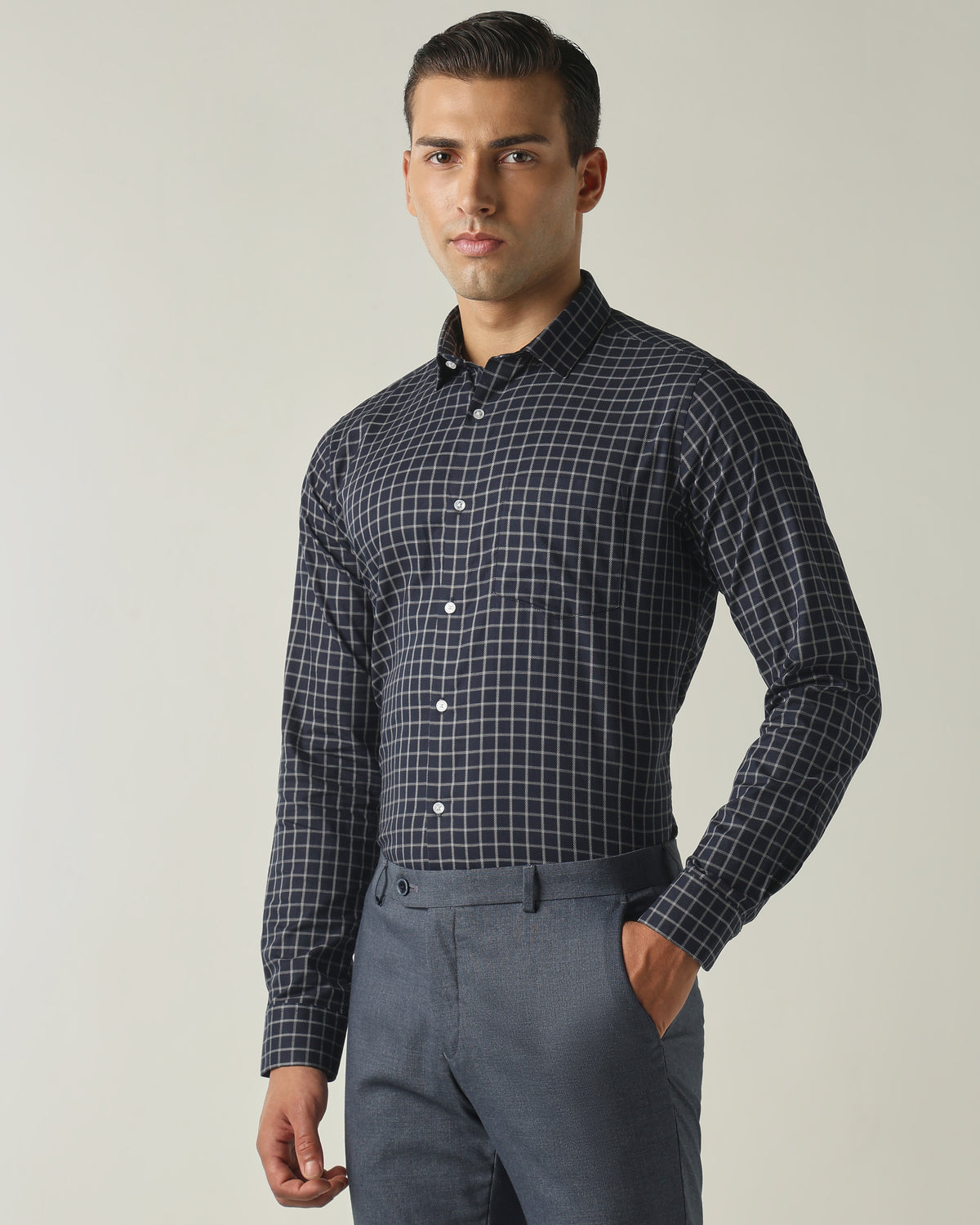 Men's Pure Cotton Checks Slim Fit Full Sleeve Formal Shirt - Blue