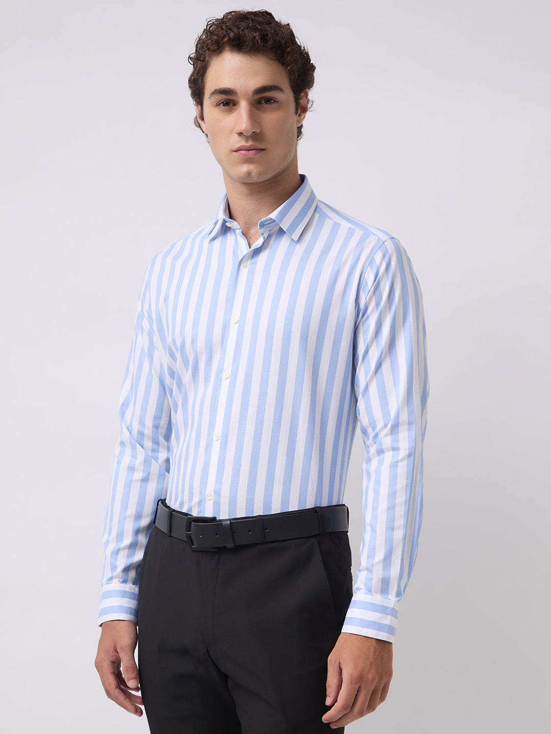 Men's Pure Cotton Dobby Stripes Slim Fit Full Sleeve Formal Shirt - Sky Blue
