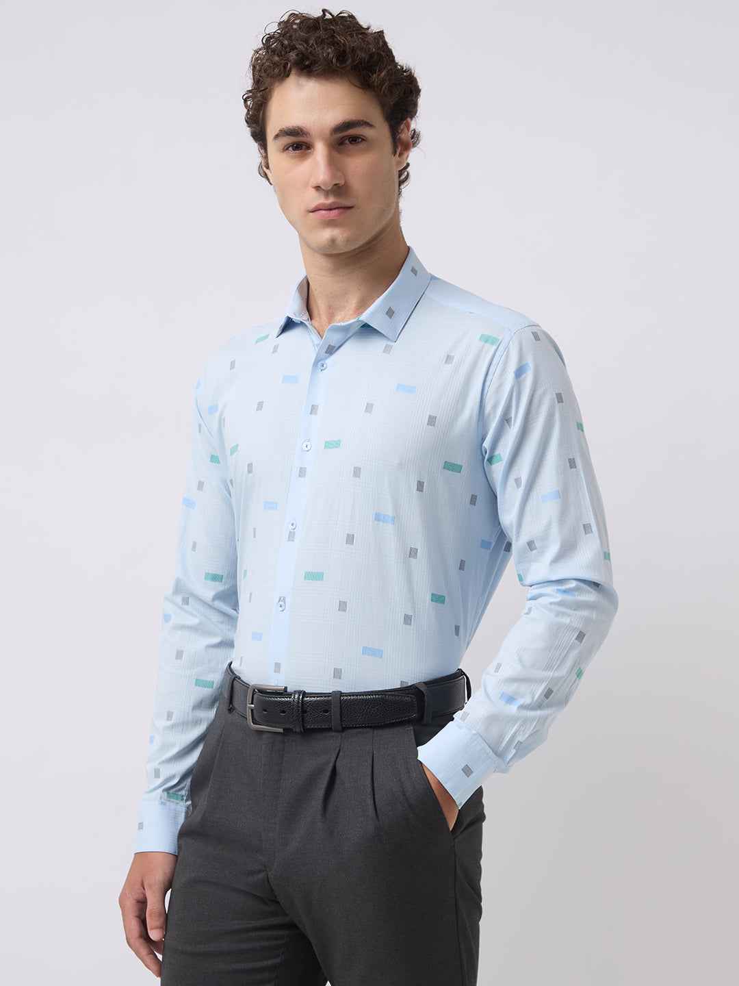Men's Pure Cotton Dobby Solid Slim Fit Full Sleeve Formal Shirt - Sky Blue