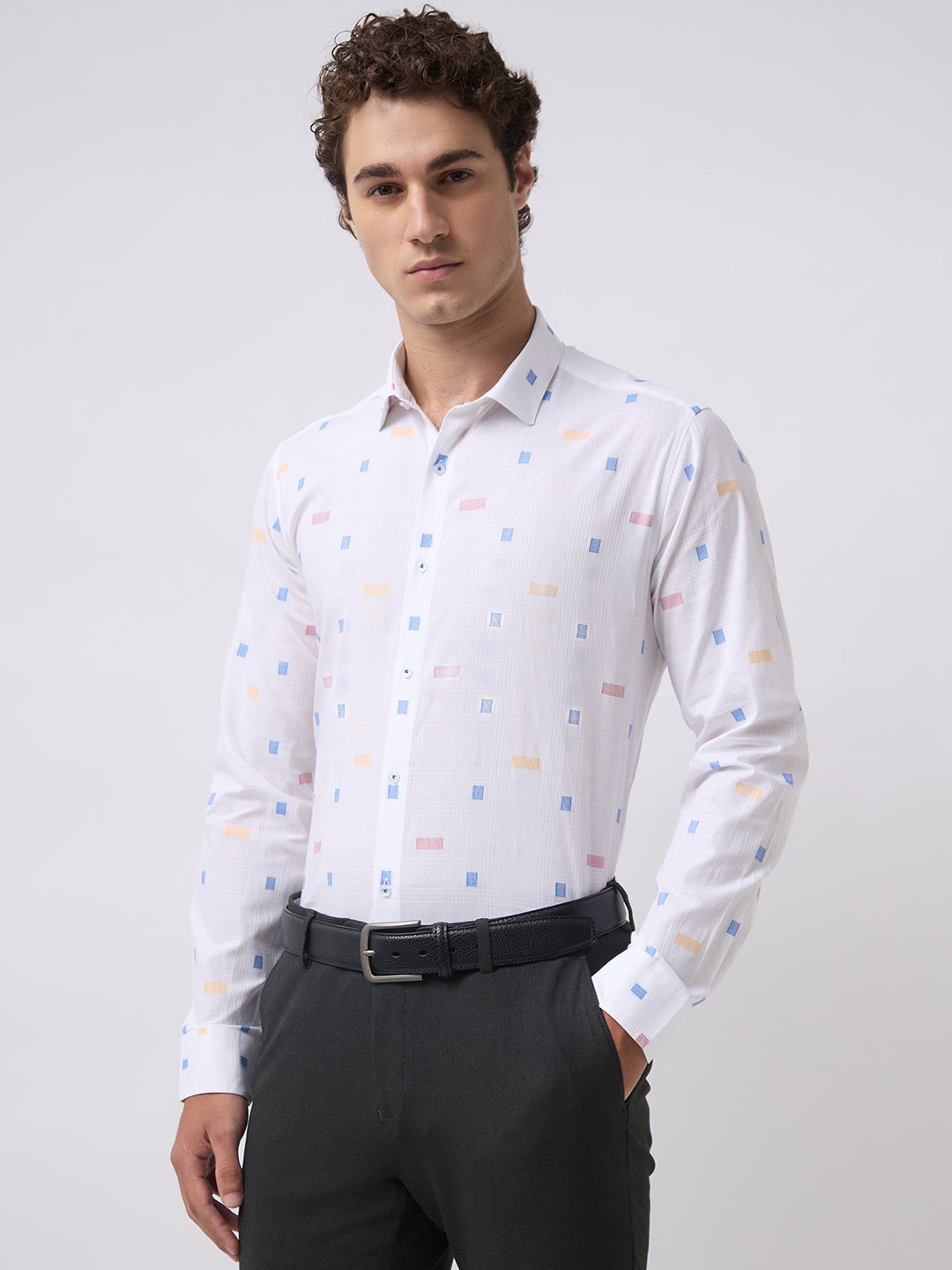 Men's Pure Cotton Dobby Solid Slim Fit Full Sleeve Formal Shirt - White