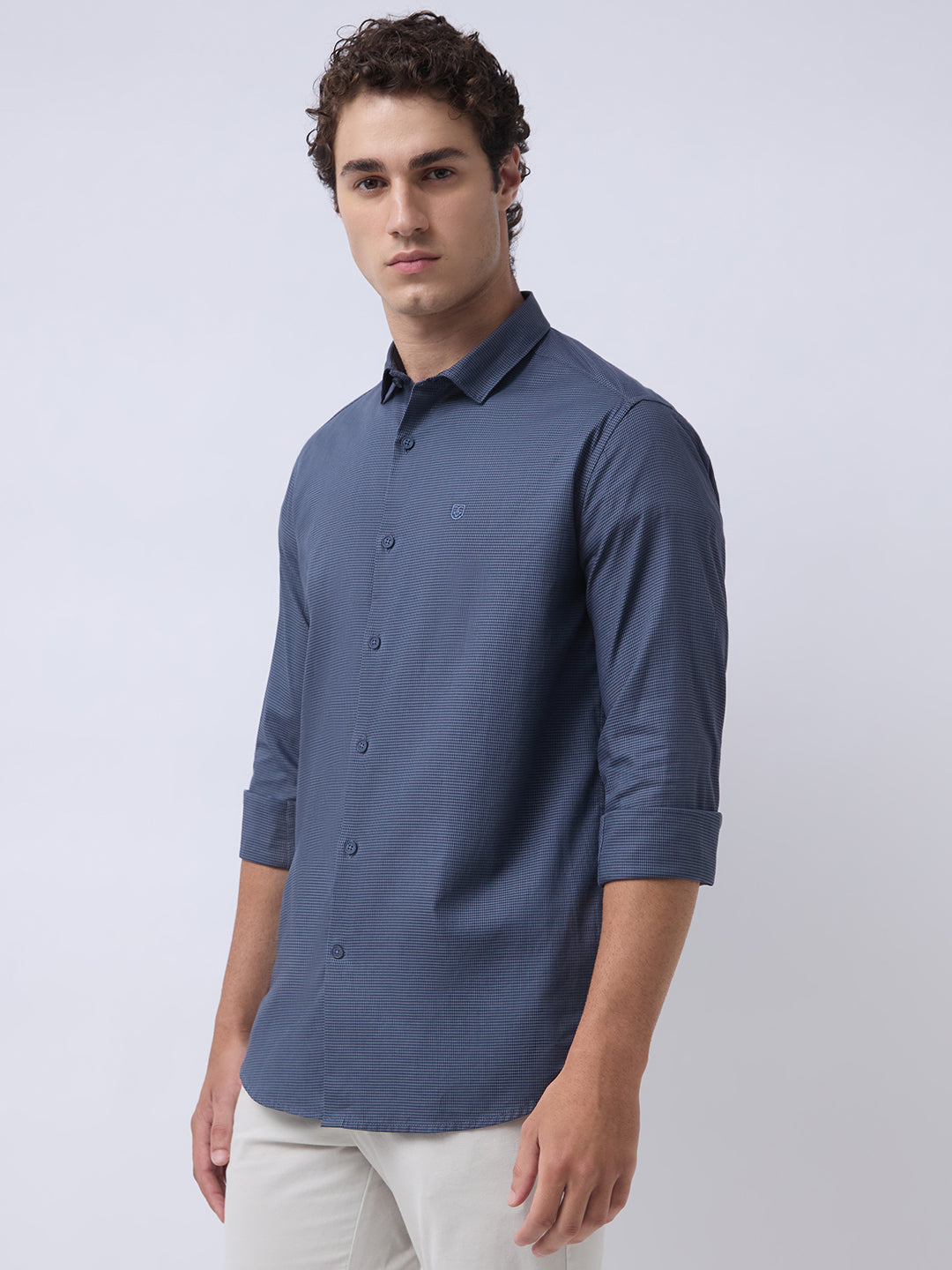Men's Pure Cotton Dobby Solid Slim Fit Full Sleeve Casual Shirt - Navy