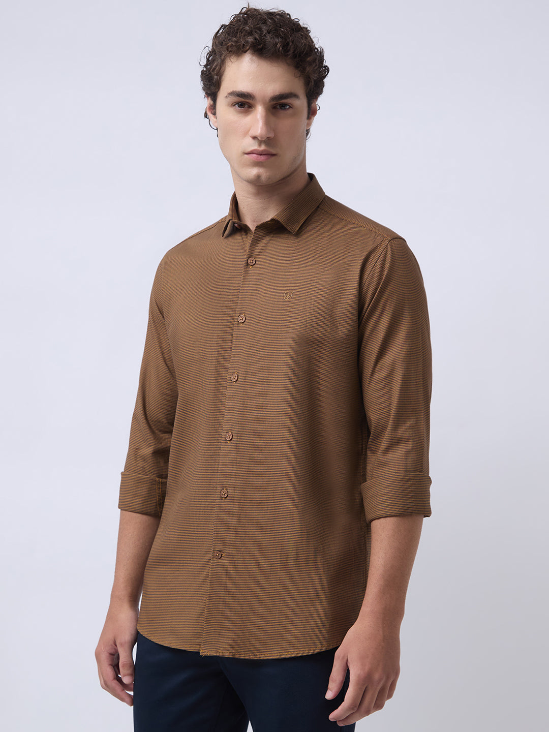 Men's Pure Cotton Dobby Solid Slim Fit Full Sleeve Casual Shirt - Orange