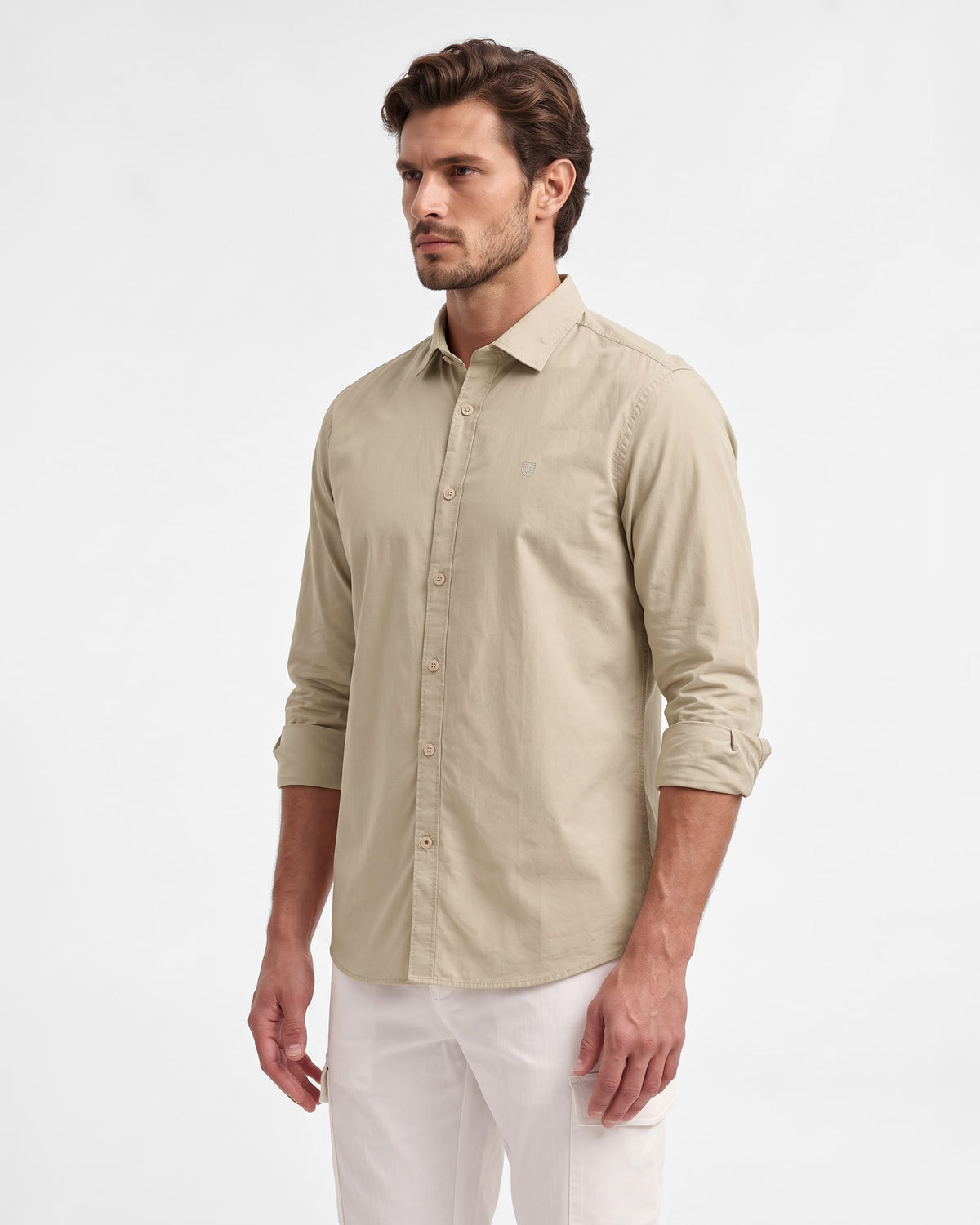 Men's Pure Cotton Solid Slim Fit Full Sleeve Casual Shirt - Khaki