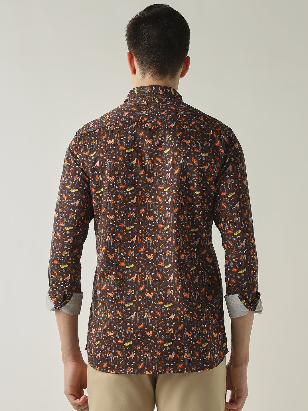 Men's Pure Cotton Printed Slim Fit Full Sleeve Casual Shirt - Brown