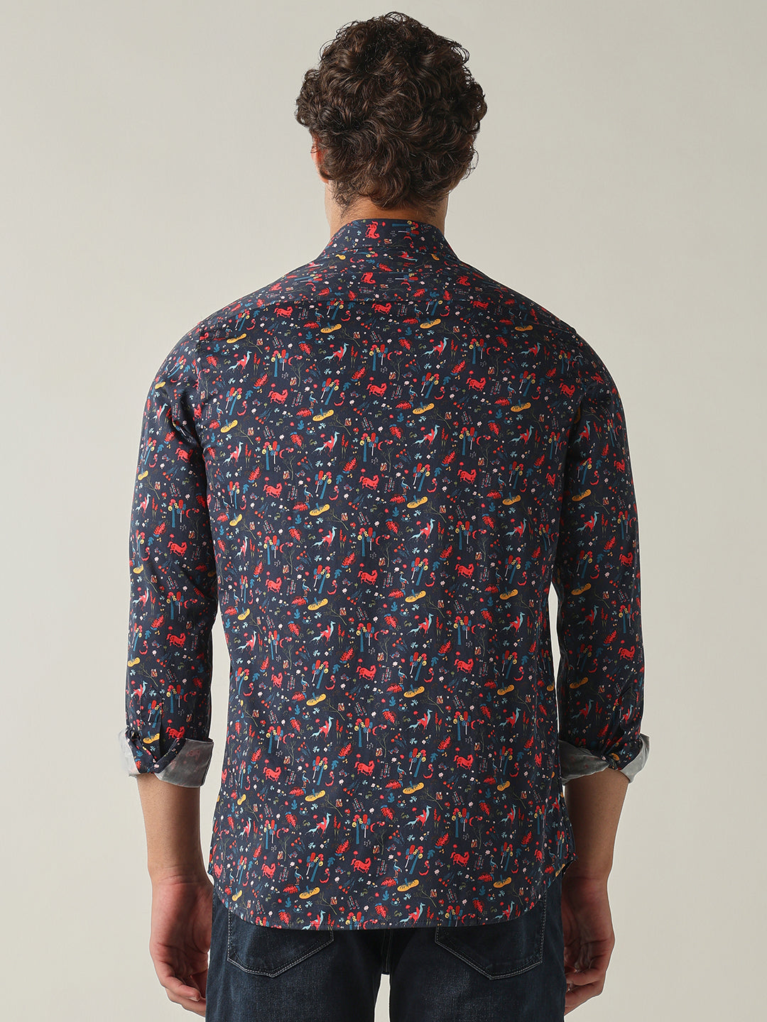 Men's Pure Cotton Printed Slim Fit Full Sleeve Casual Shirt - Navy