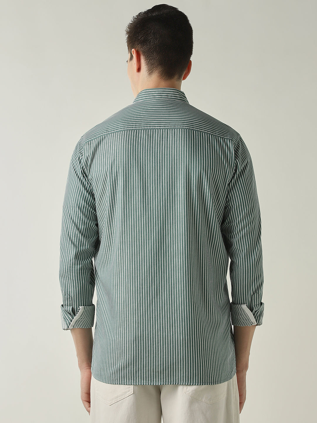 Men's Pure Cotton Stripes Regular Fit Full Sleeve Casual Shirt - Green