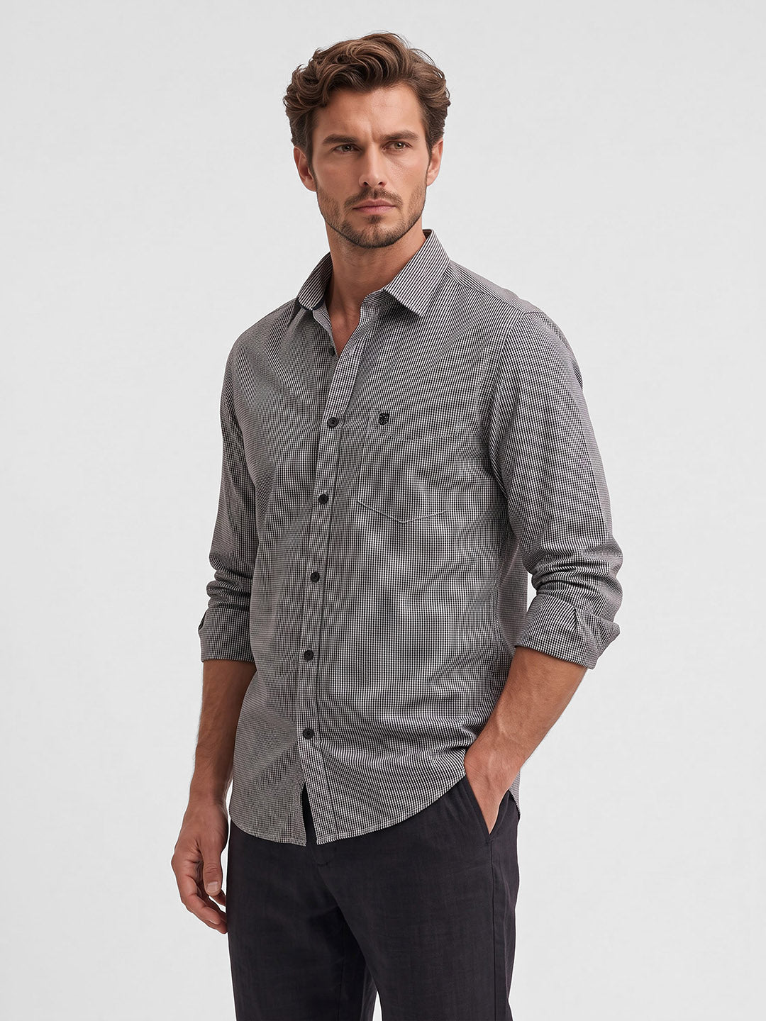 Men's Pure Cotton Checks Regular Fit Full Sleeve Casual Shirt - Grey