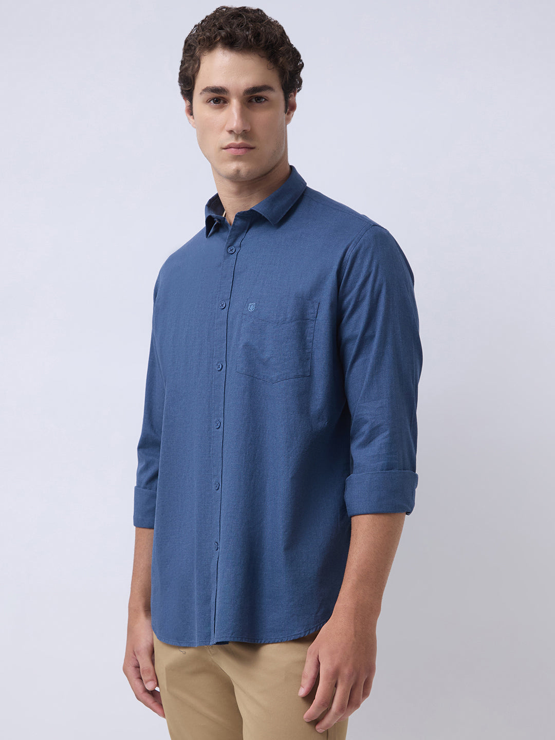 Men's Pure Cotton Melange Solid Regular Fit Full Sleeve Casual Shirt - Blue