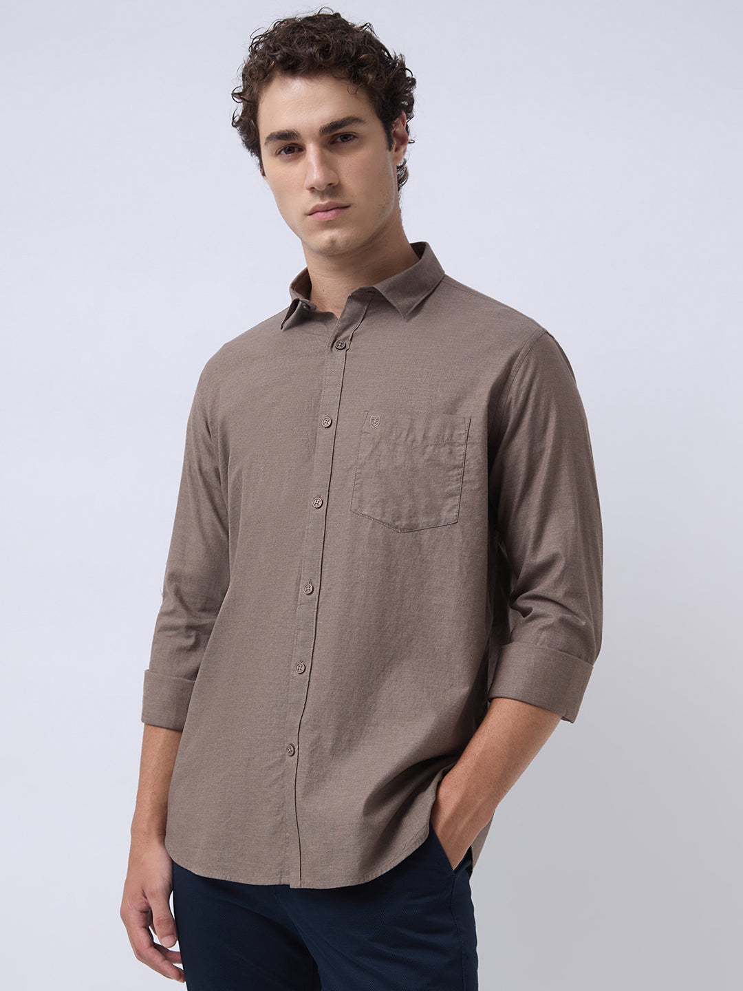 Men's Pure Cotton Melange Solid Regular Fit Full Sleeve Casual Shirt - Brown