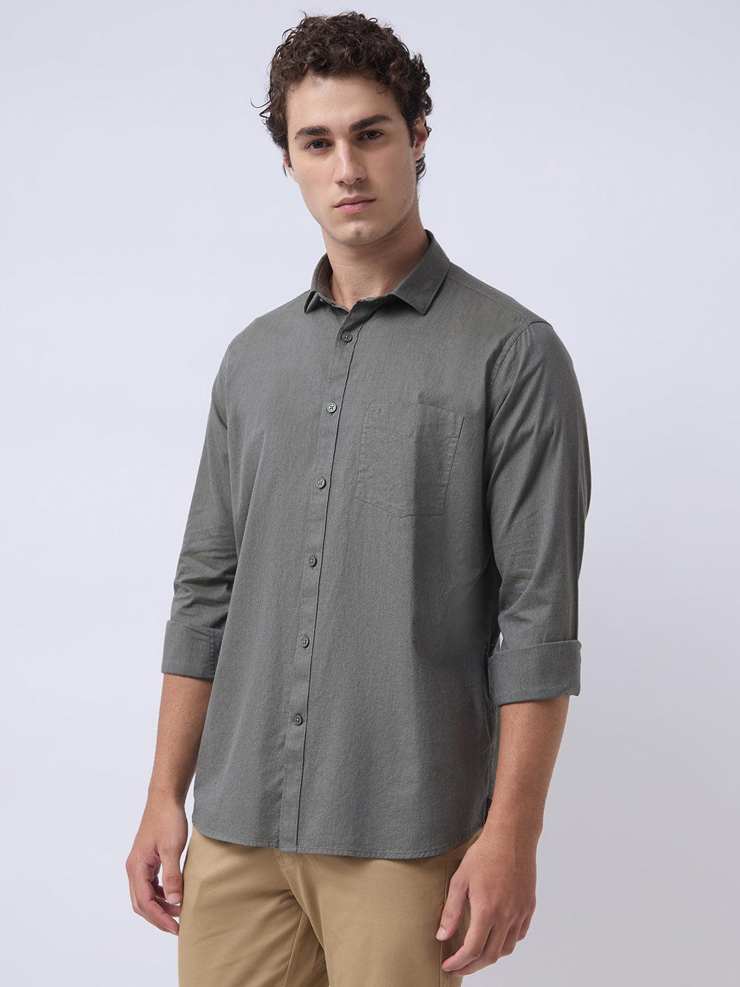 Men's Pure Cotton Melange Solid Regular Fit Full Sleeve Casual Shirt - Olive