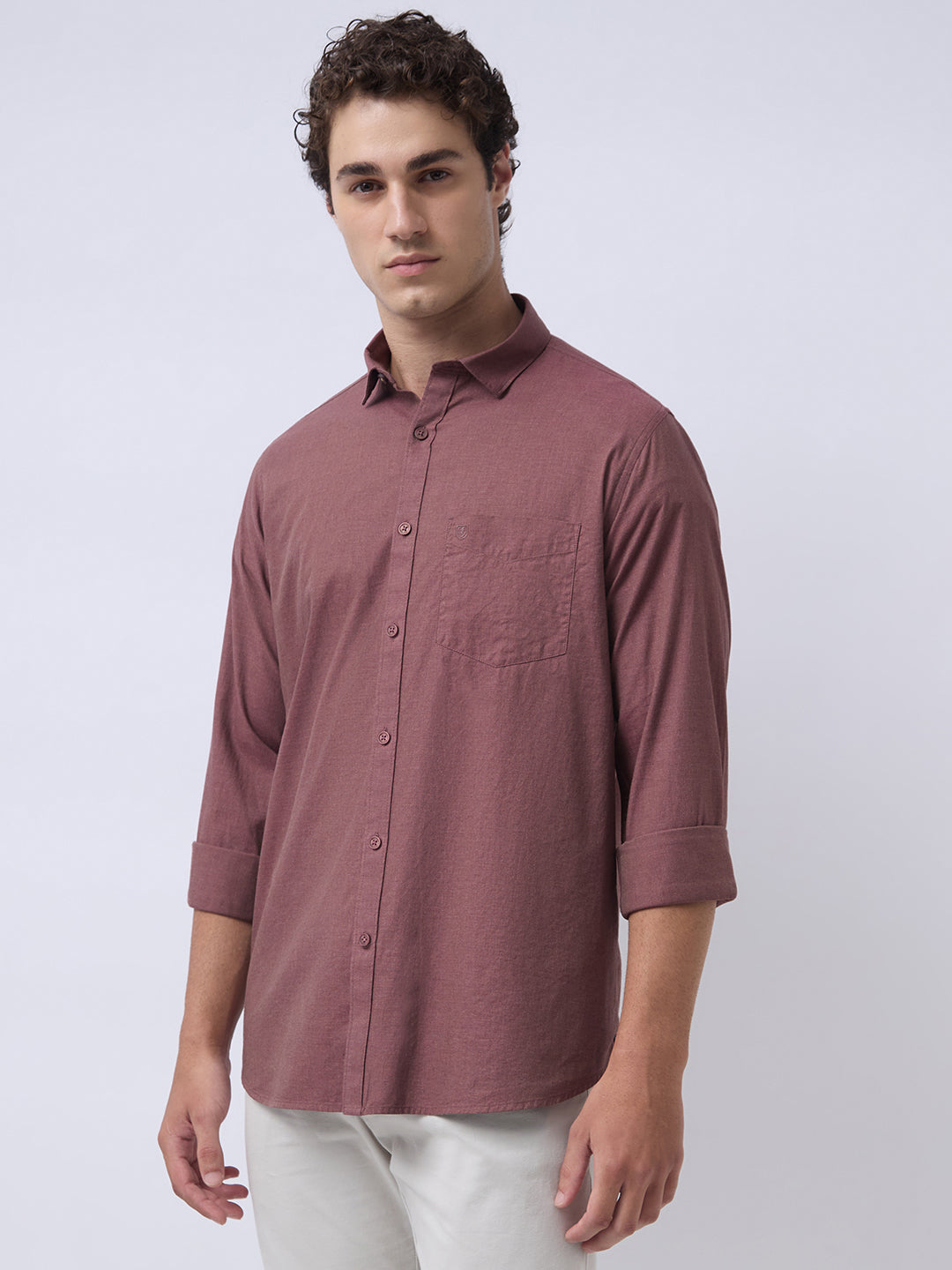 Men's Pure Cotton Melange Solid Regular Fit Full Sleeve Casual Shirt - Rust