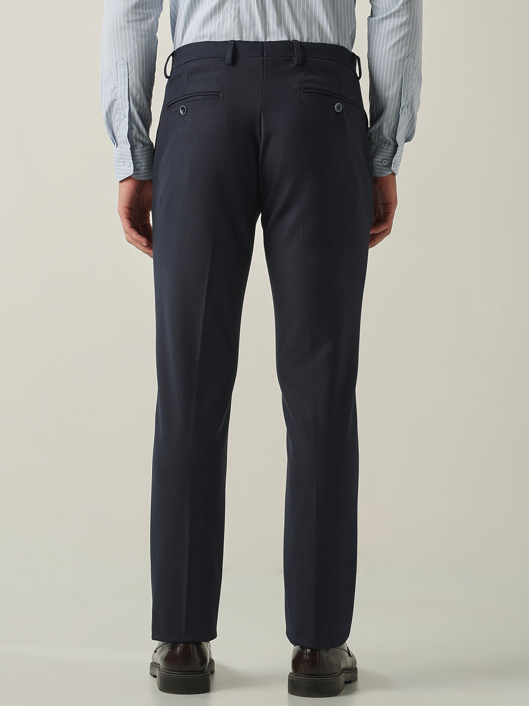Men's Solid Poly Viscose Elastane Regular Fit Formal Trousers - Navy