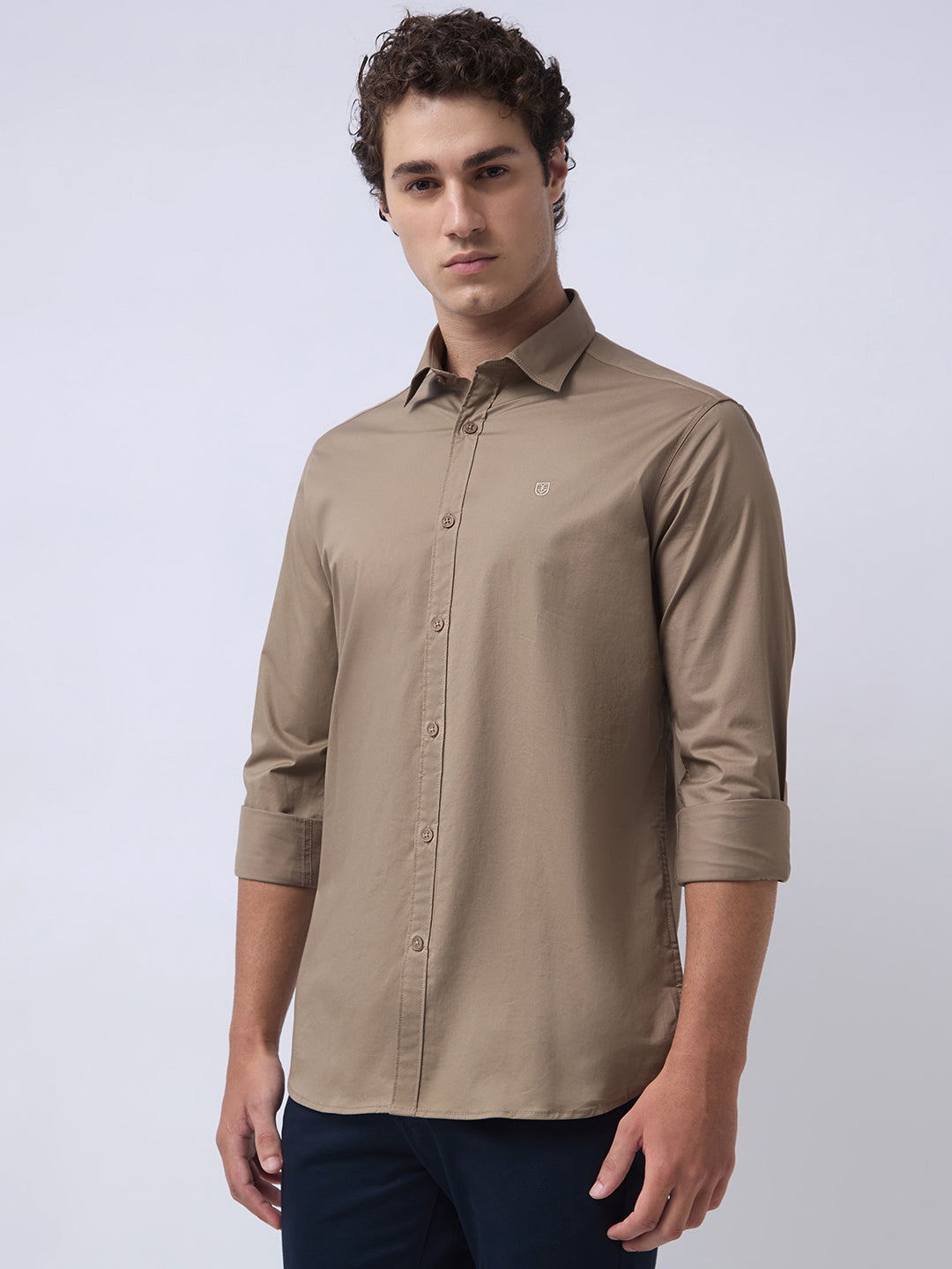 Men's Cotton Stretch Solid Slim Fit Full Sleeve Casual Shirt - Khaki