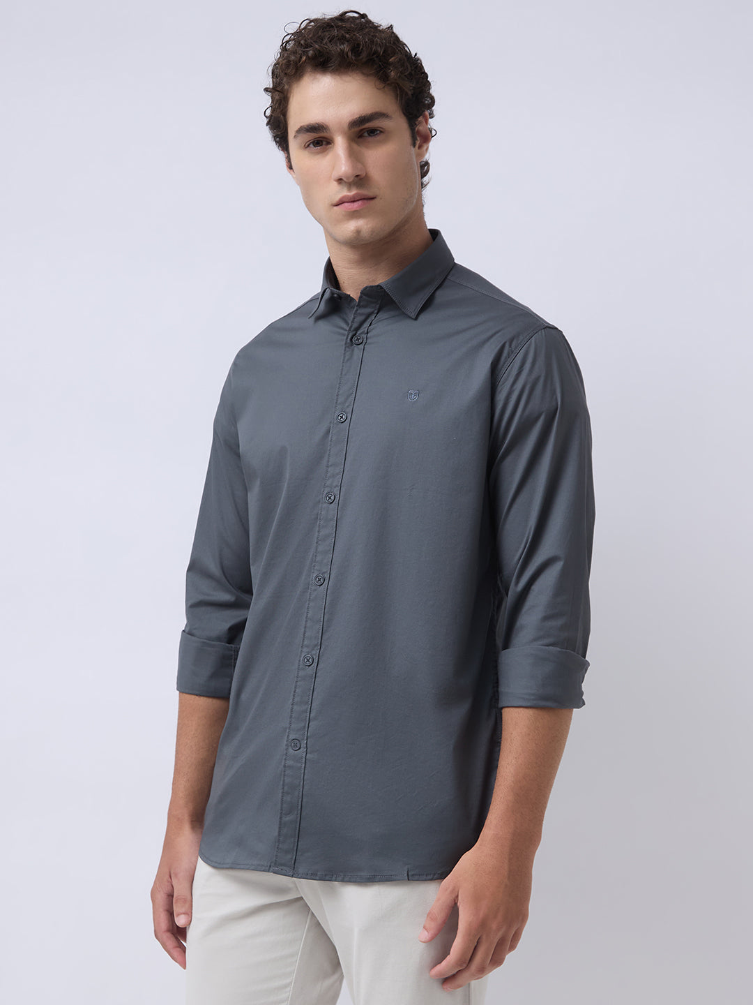 Men's Cotton Stretch Solid Slim Fit Full Sleeve Casual Shirt - Steel Grey