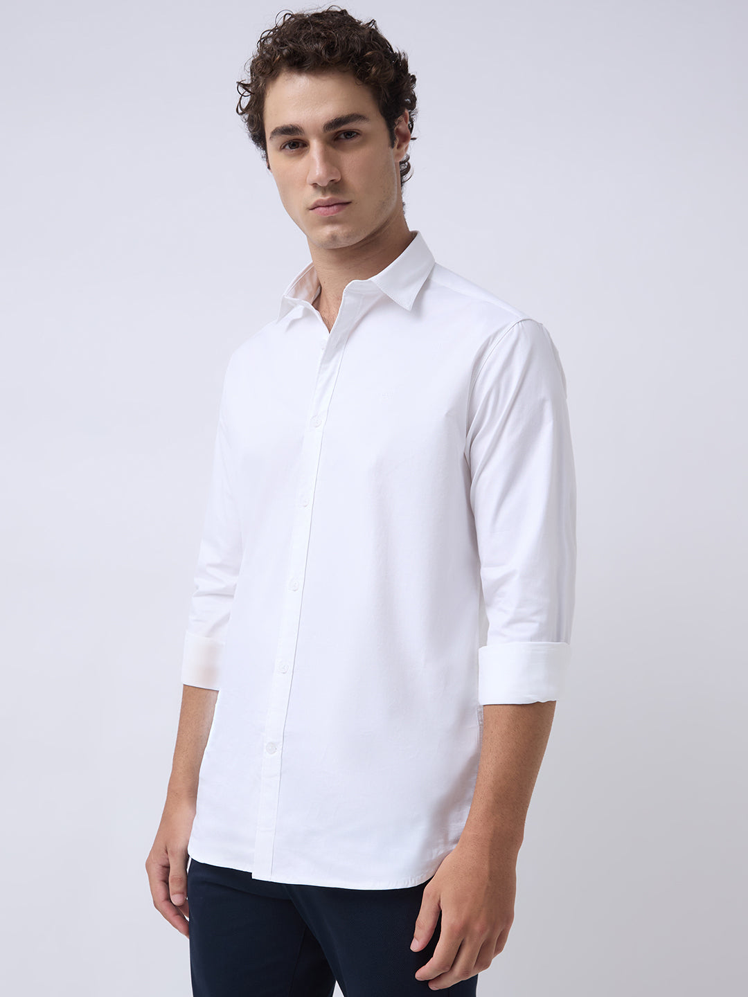 Men's Cotton Stretch Solid Slim Fit Full Sleeve Casual Shirt - White