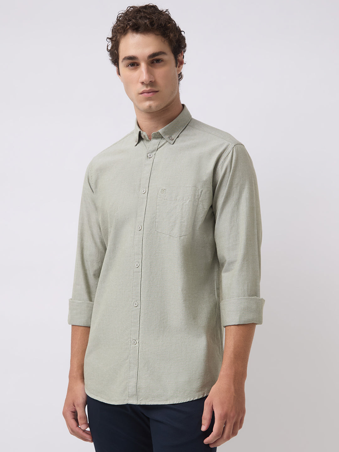 Men's Pure Cotton Oxford Solid Slim Fit Full Sleeve Casual Shirt - Green