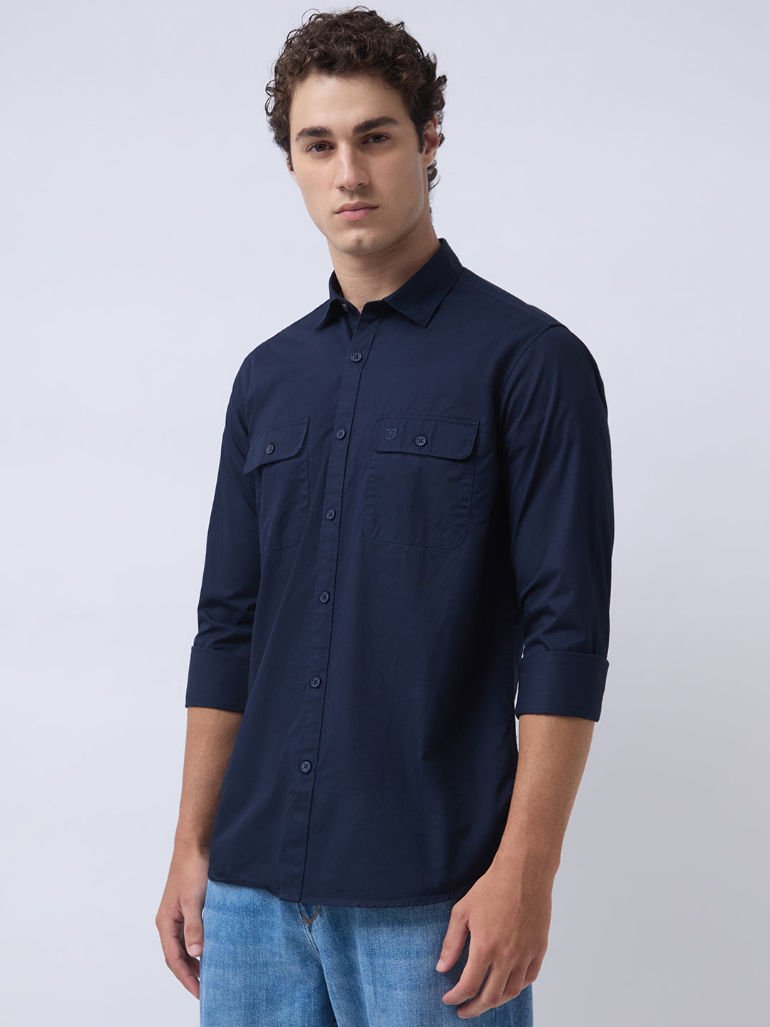 Men's Pure Cotton Solid Regular Fit Full Sleeve Casual Shirt - Navy