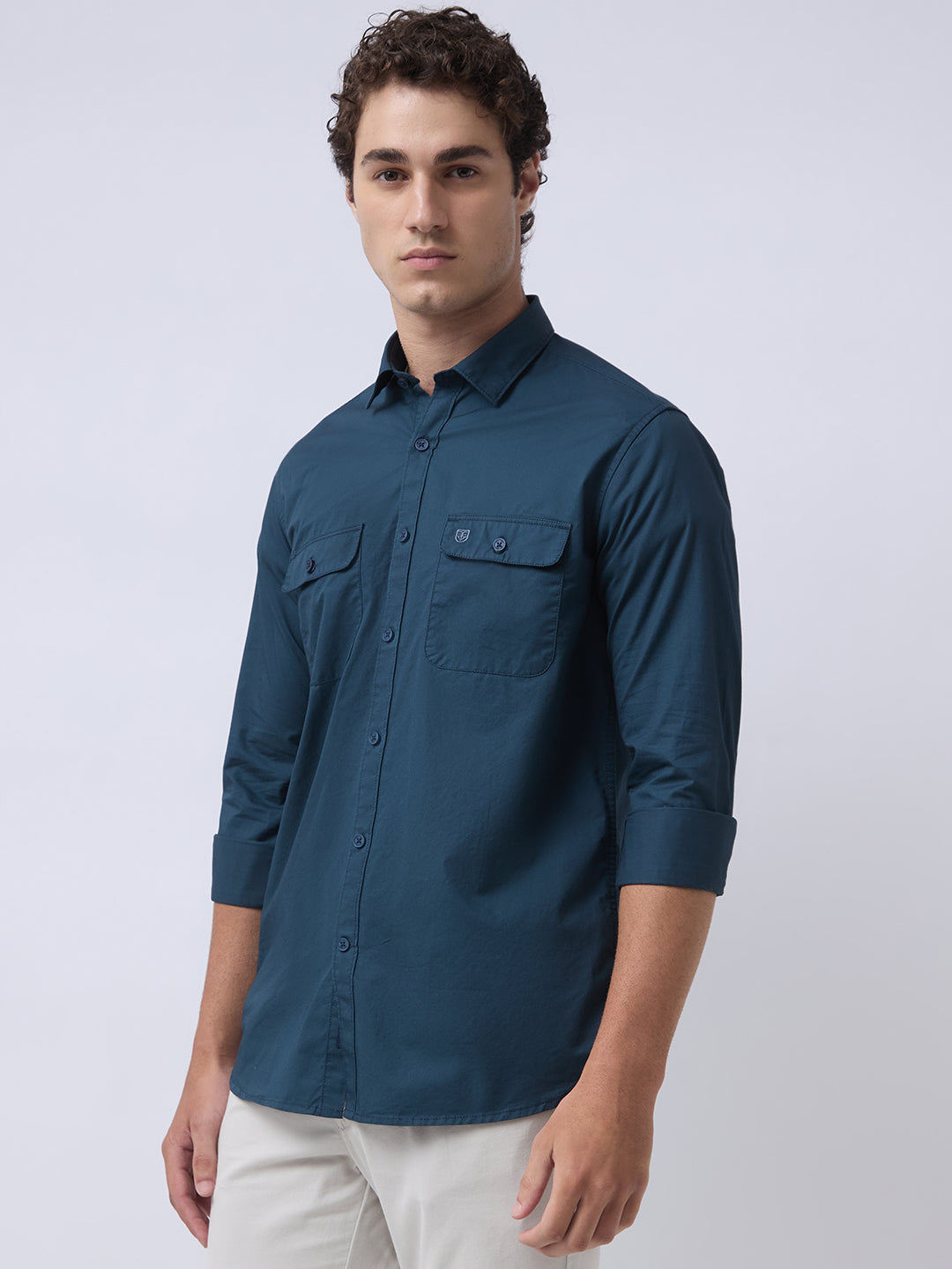 Men's Pure Cotton Solid Regular Fit Full Sleeve Casual Shirt - Teal