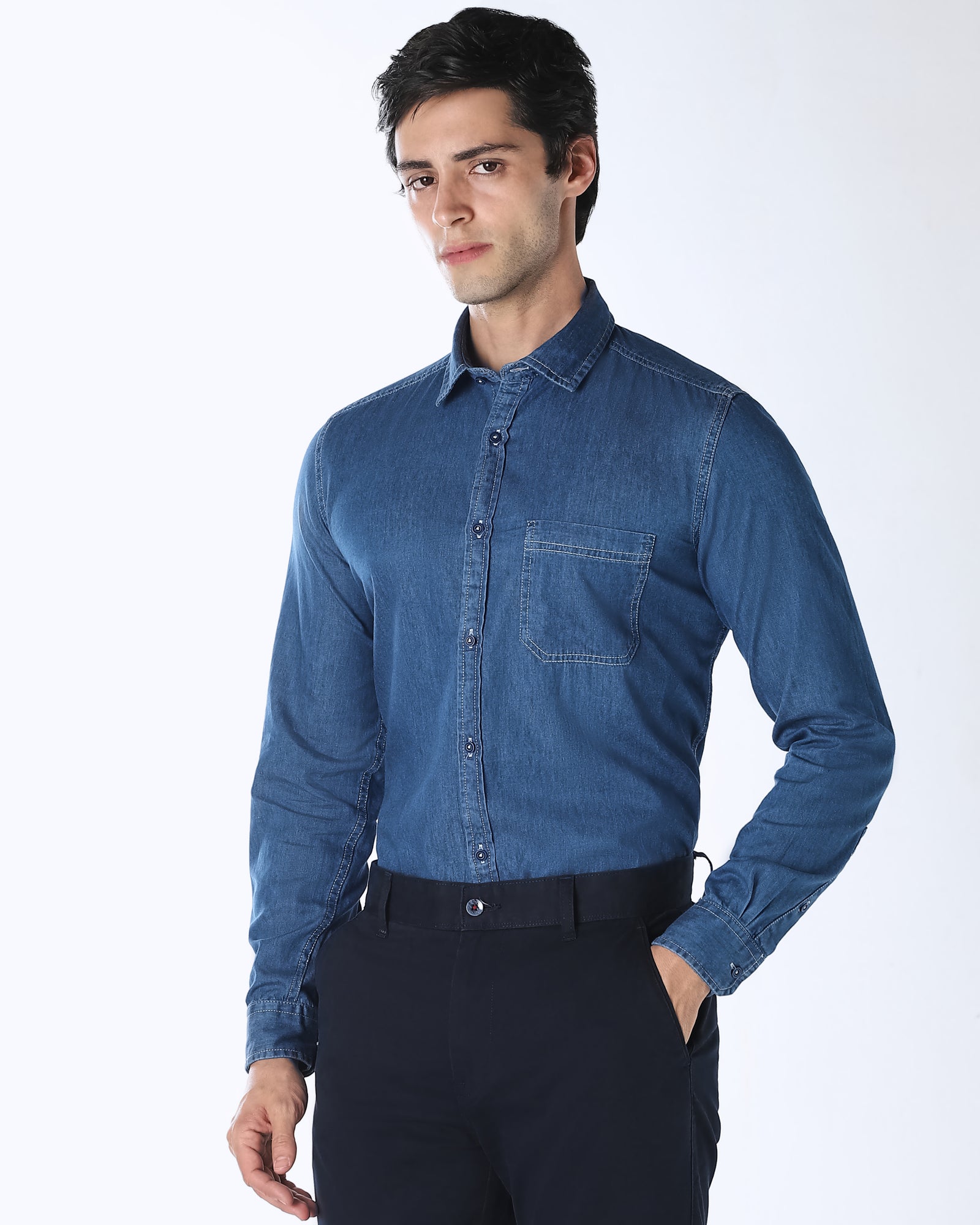 Dark Blue Denim 100% Cotton Slim Fit Casual Full Sleeve Shirt