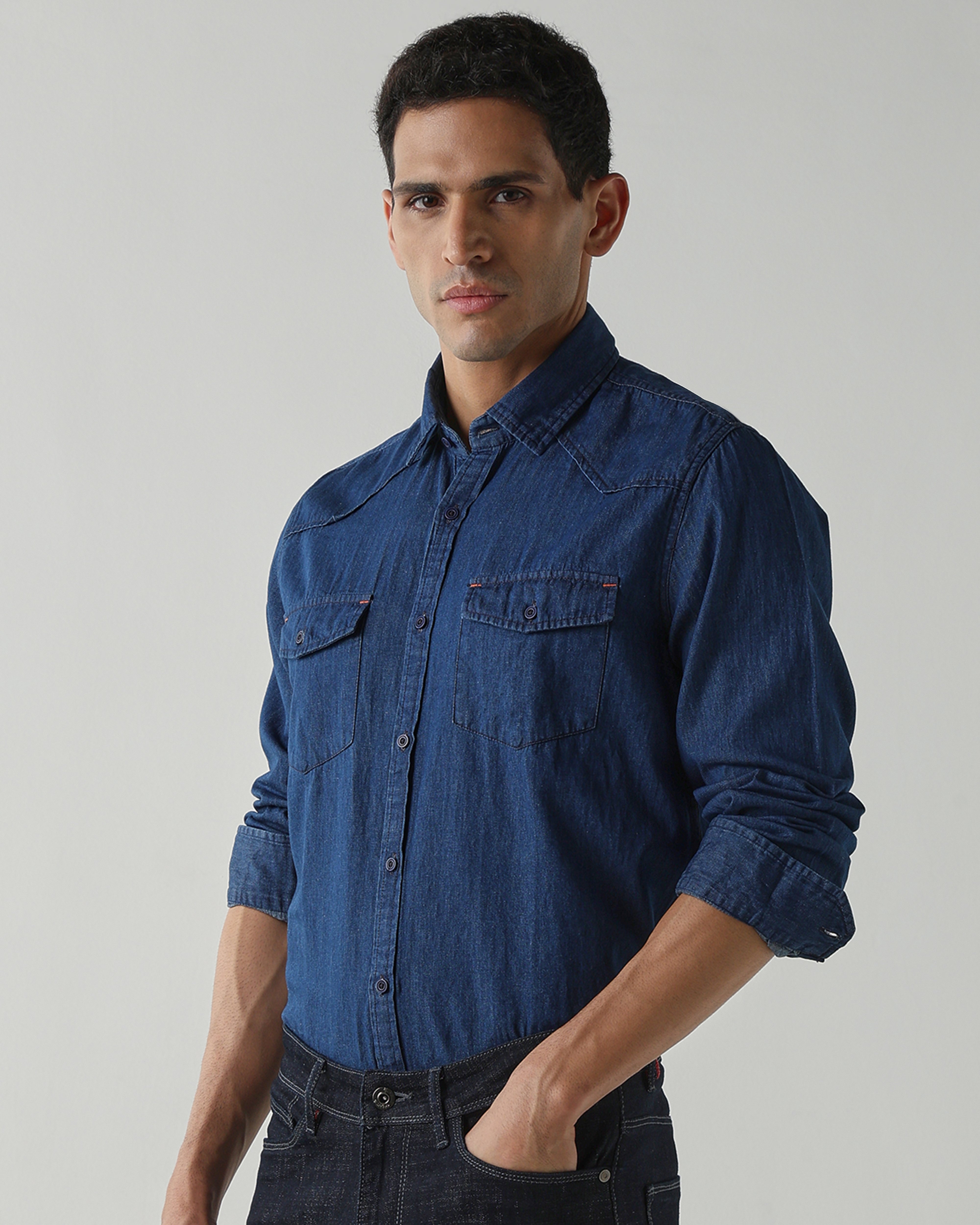 Premium Best Dark Blue Denim 100% Cotton Slim Fit Casual Full Sleeve Shirt