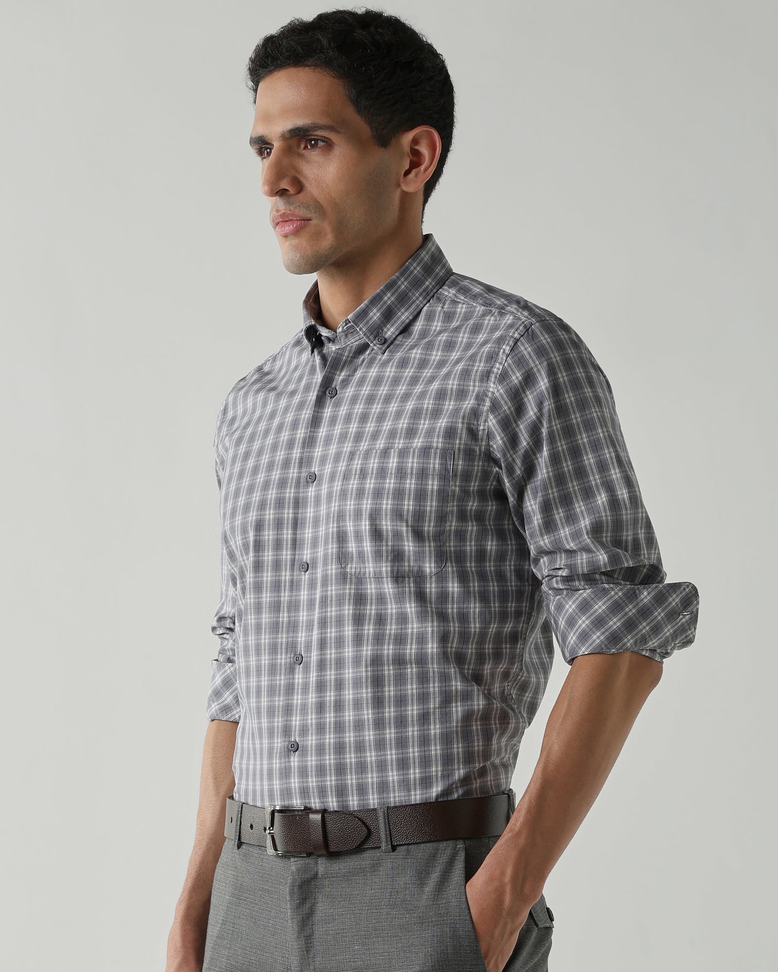 Grey/White Pure Cotton Shirts for Men | Slim Fit Luxury Wear