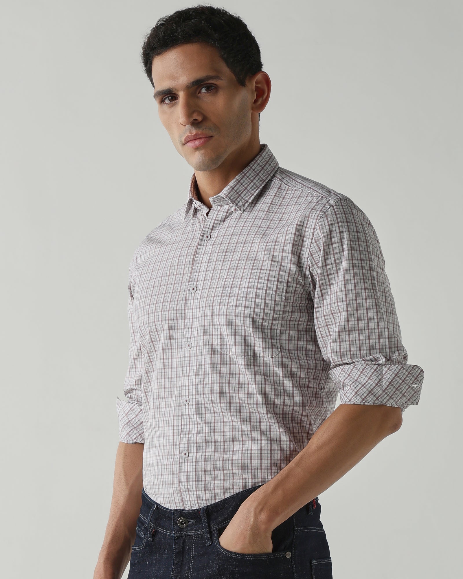 White/Lt Brown Pure Cotton Shirts for Men | Slim Fit Luxury Wear