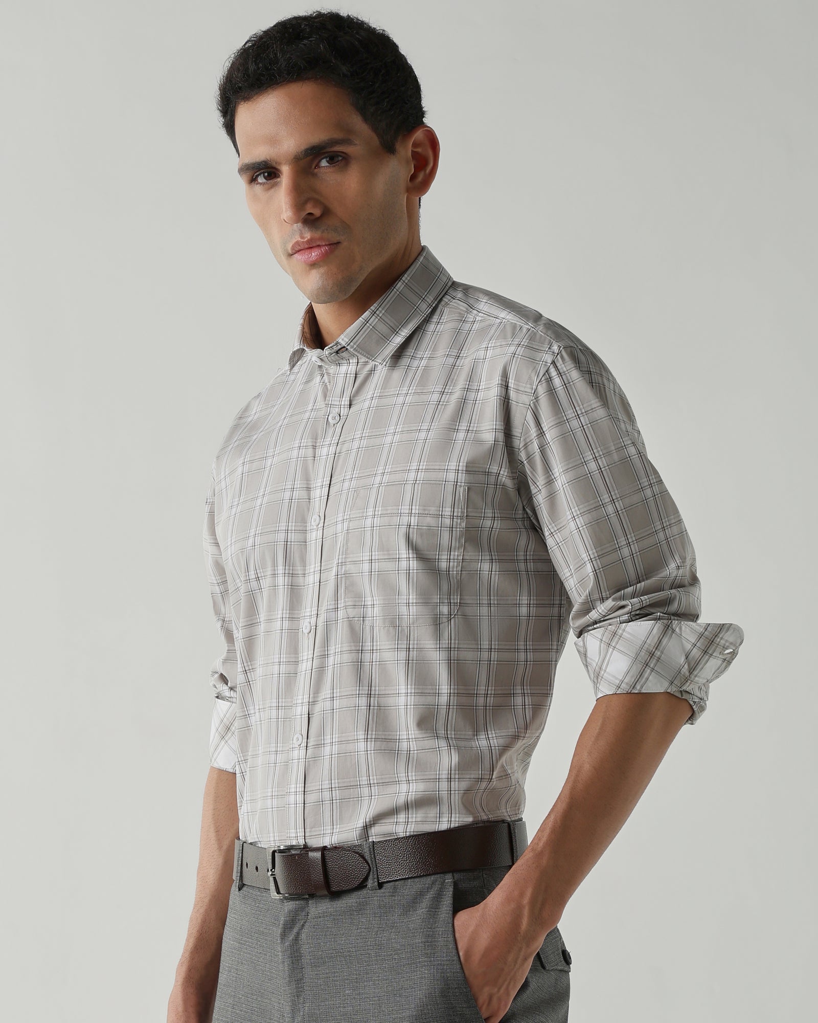 Beige/White Pure Cotton Shirts for Men | Regular Fit Luxury Wear