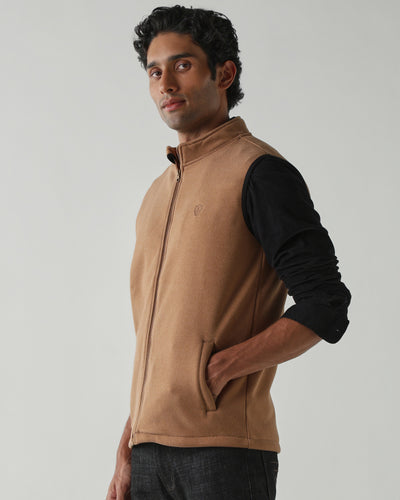 Round Neck Sleeveless  Jackets – Dark Camel